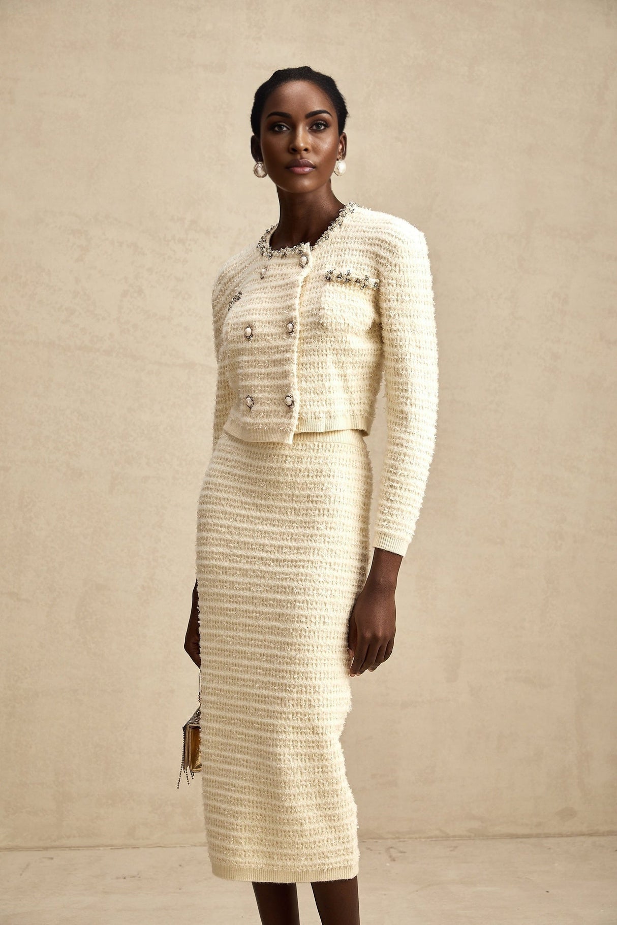 Palma Neutrals Bead Rhinestone Embellished Cardigan & Skirt