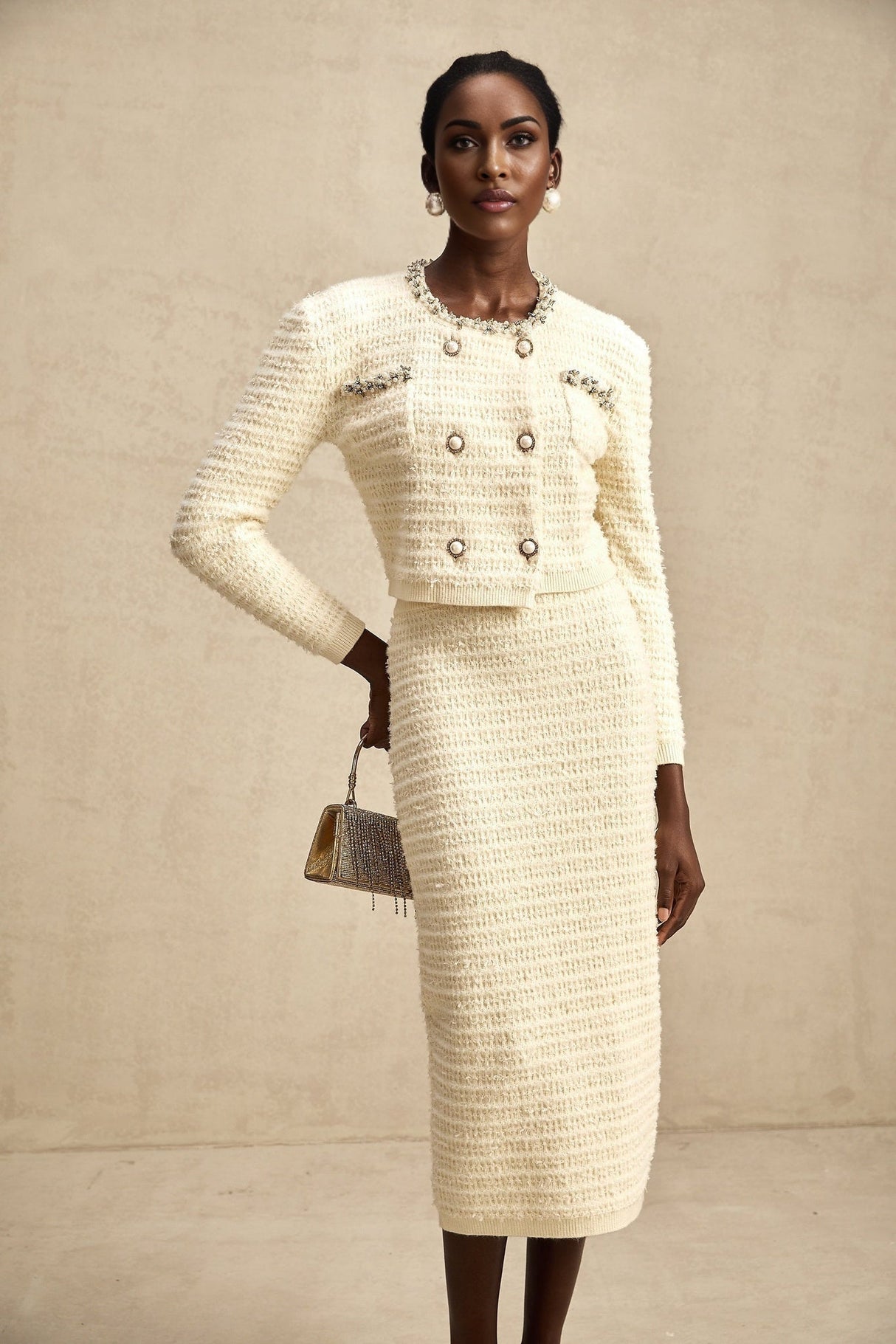 Palma Neutrals Bead Rhinestone Embellished Cardigan & Skirt