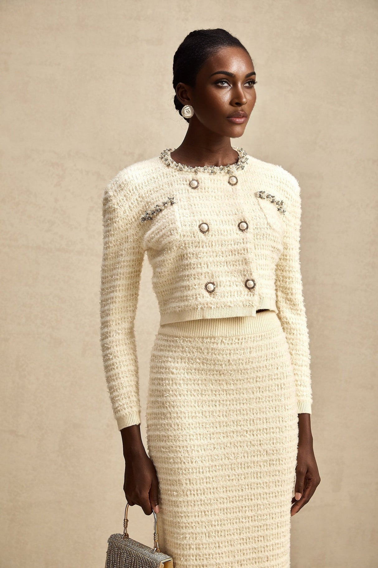 Palma Neutrals Bead Rhinestone Embellished Cardigan & Skirt