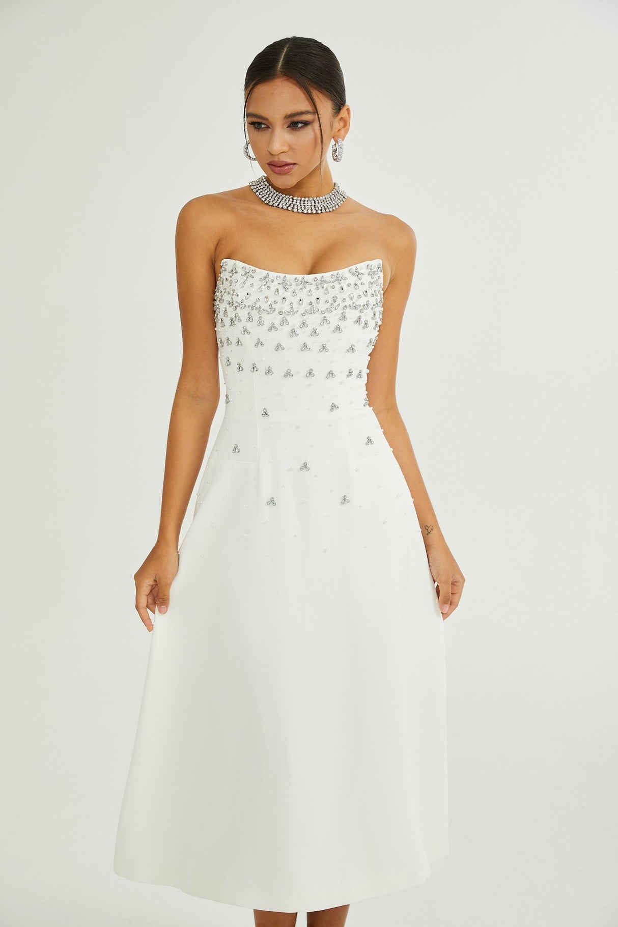 Paloma Midi Dress White Embellished Off the Shoulder Zip Fastening