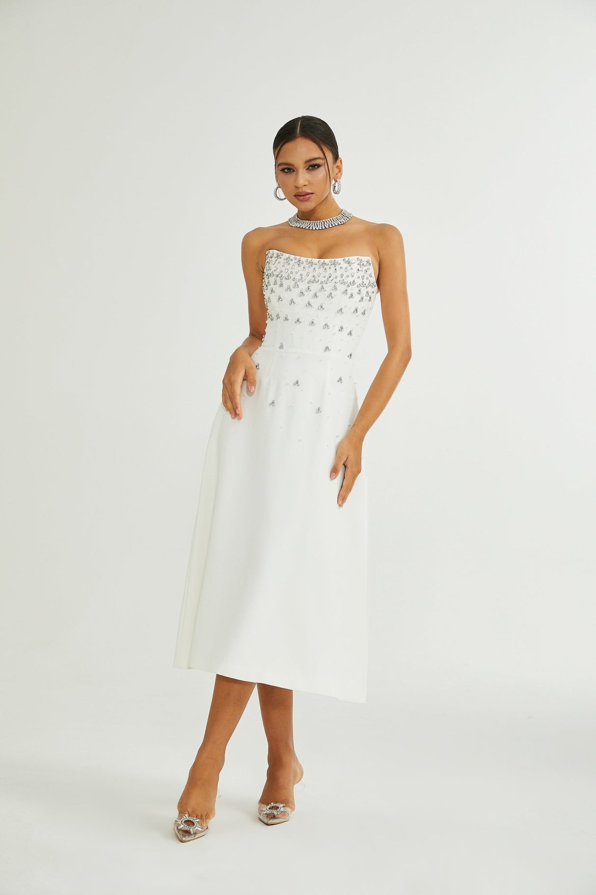 Paloma Midi Dress White Embellished Off the Shoulder Zip Fastening