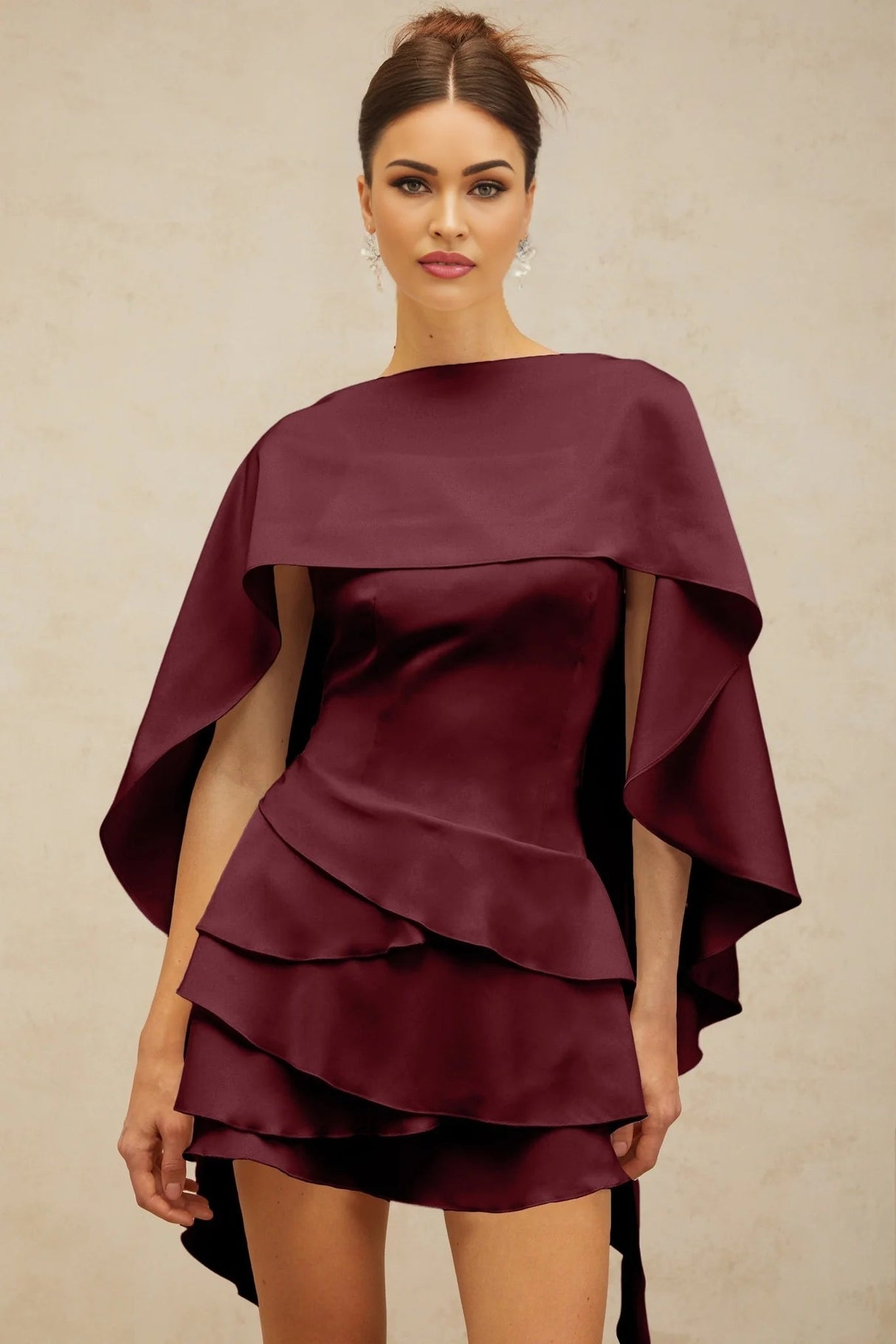 Paloma Mini Dress Red Satin Shawl Ruffle Thigh - Length Tie - Back