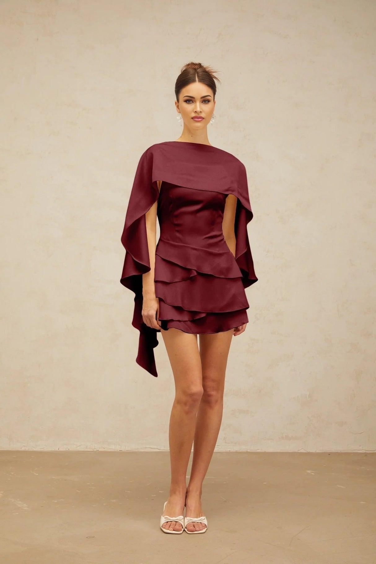 Paloma Mini Dress Red Satin Shawl Ruffle Thigh - Length Tie - Back