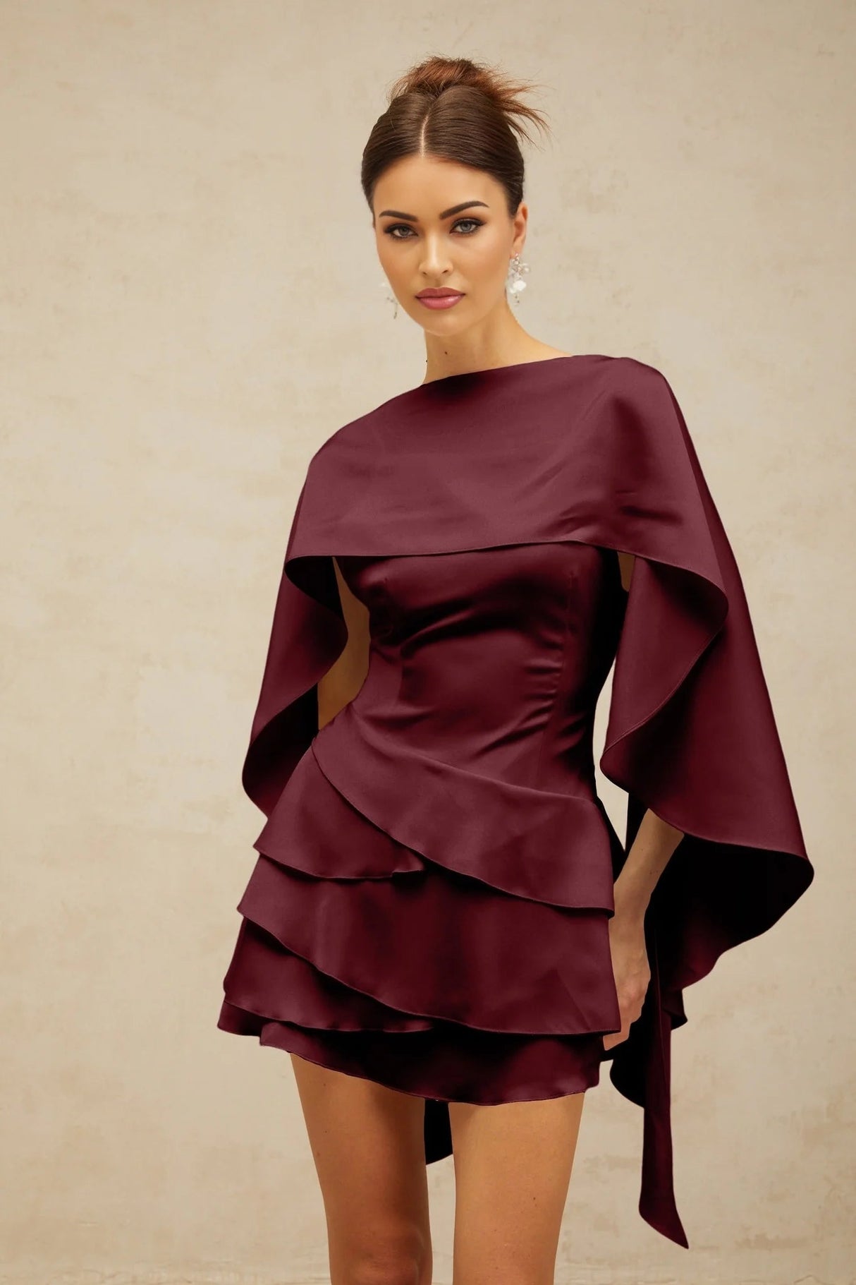 Paloma Mini Dress Red Satin Shawl Ruffle Thigh - Length Tie - Back