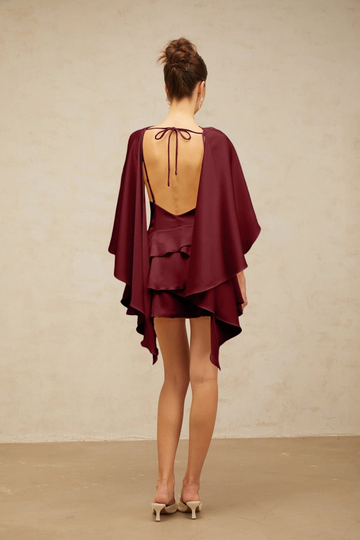 Paloma Mini Dress Red Satin Shawl Ruffle Thigh - Length Tie - Back