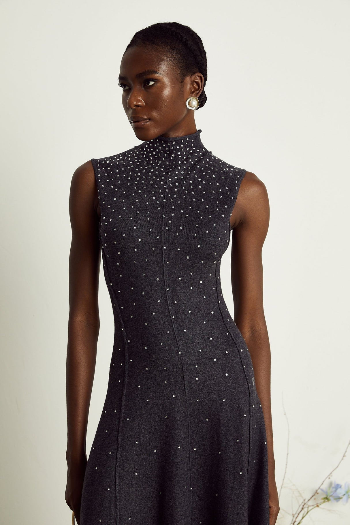 Paola Midi Dress Black Ribbed Knit Rhinestone Embellished Calf Length