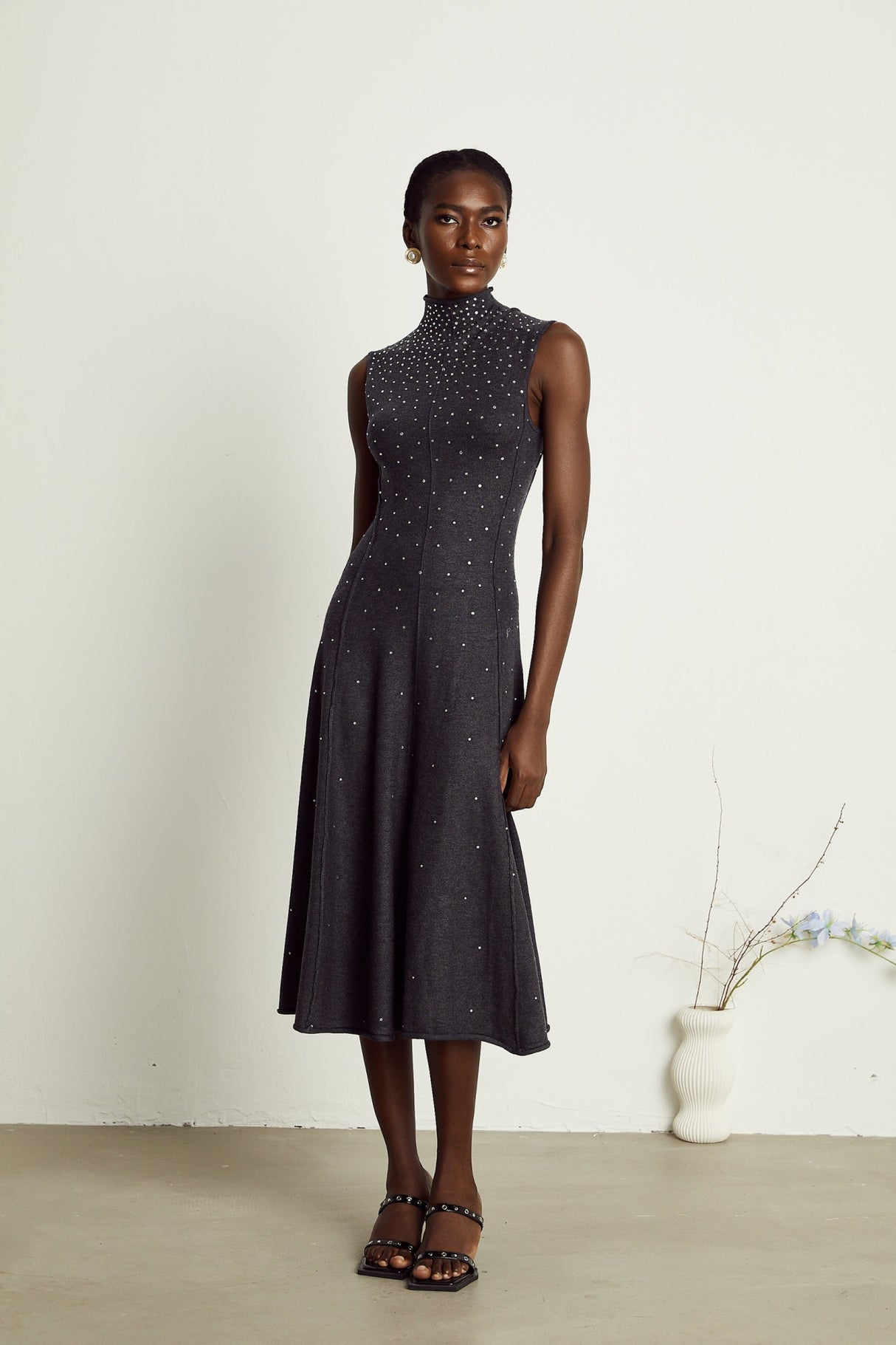 Paola Midi Dress Black Ribbed Knit Rhinestone Embellished Calf Length