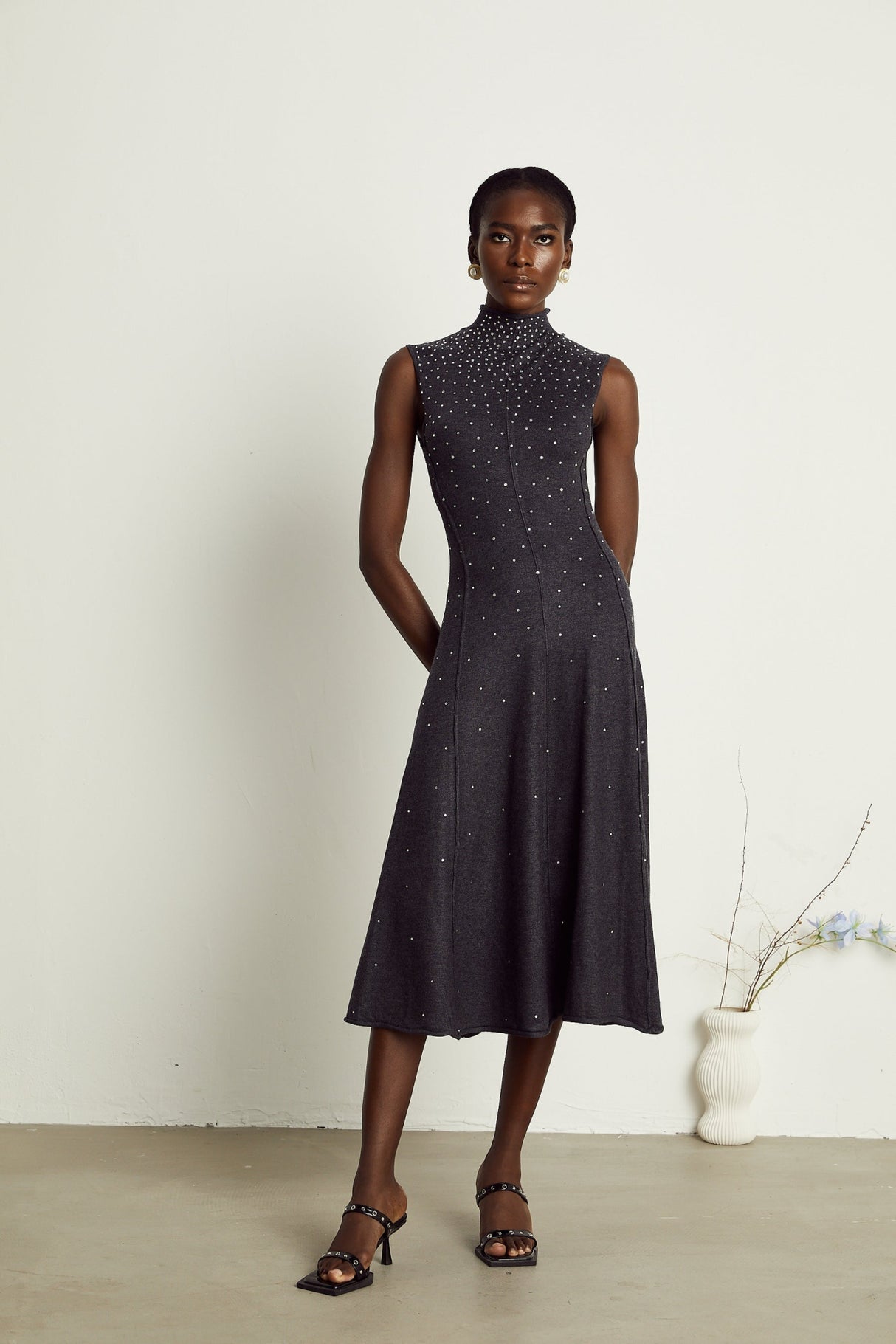 Paola Midi Dress Black Ribbed Knit Rhinestone Embellished Calf Length