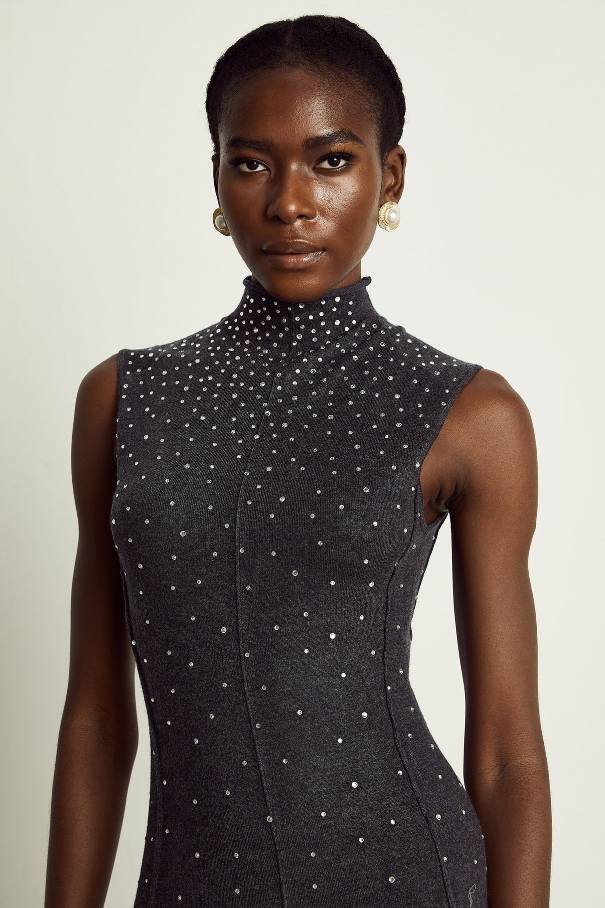 Paola Midi Dress Black Ribbed Knit Rhinestone Embellished Calf Length