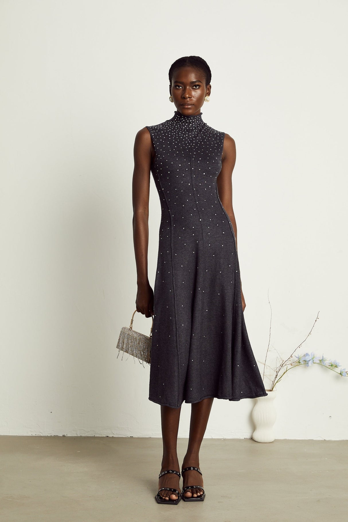 Paola Midi Dress Black Ribbed Knit Rhinestone Embellished Calf Length