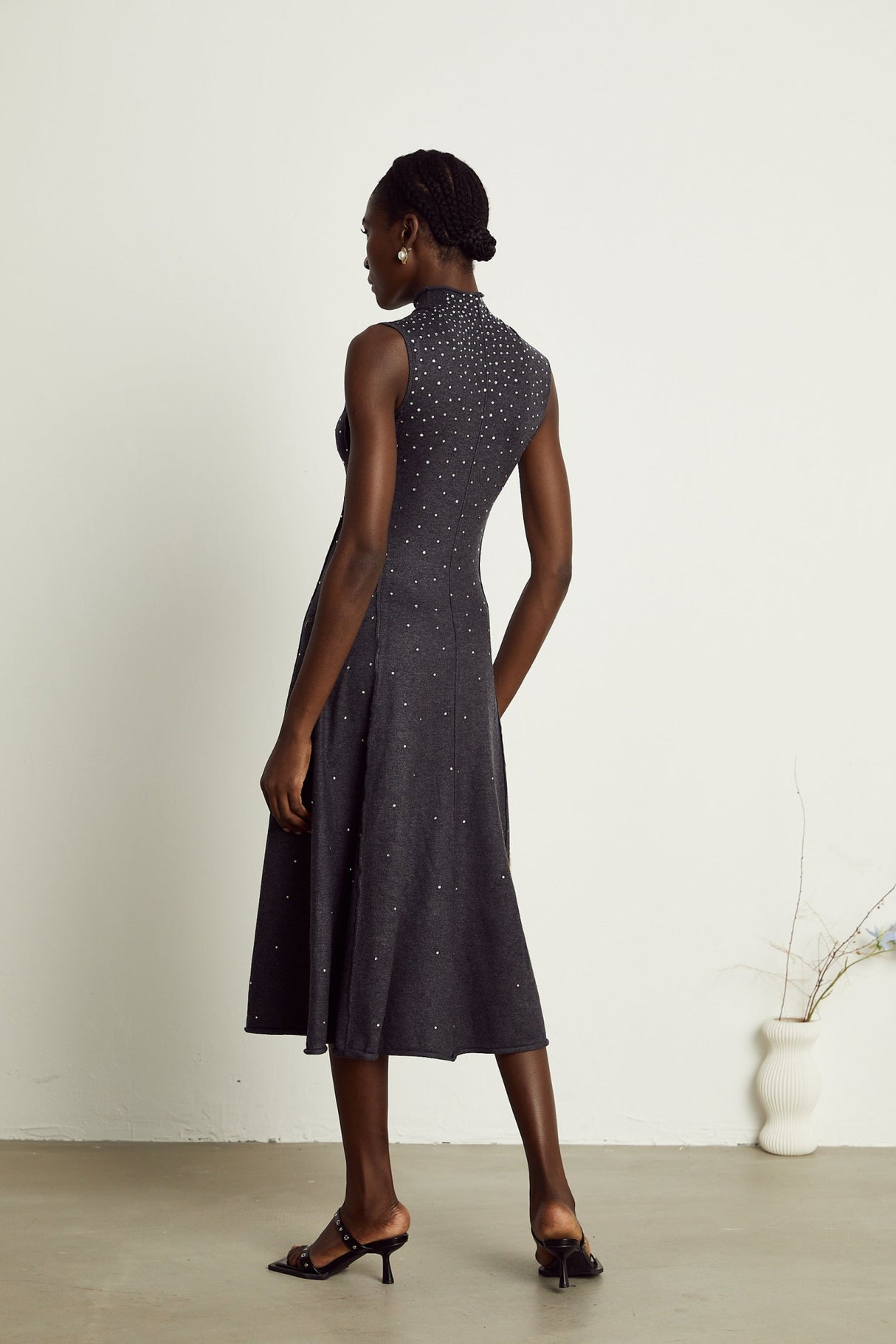 Paola Midi Dress Black Ribbed Knit Rhinestone Embellished Calf Length