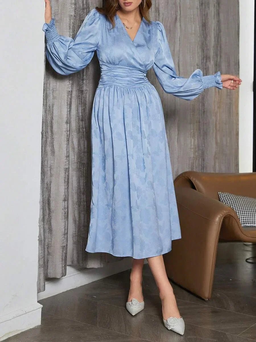 Paola Midi Dress - V Neck - Bishop Sleeve - High Waist - Elegant