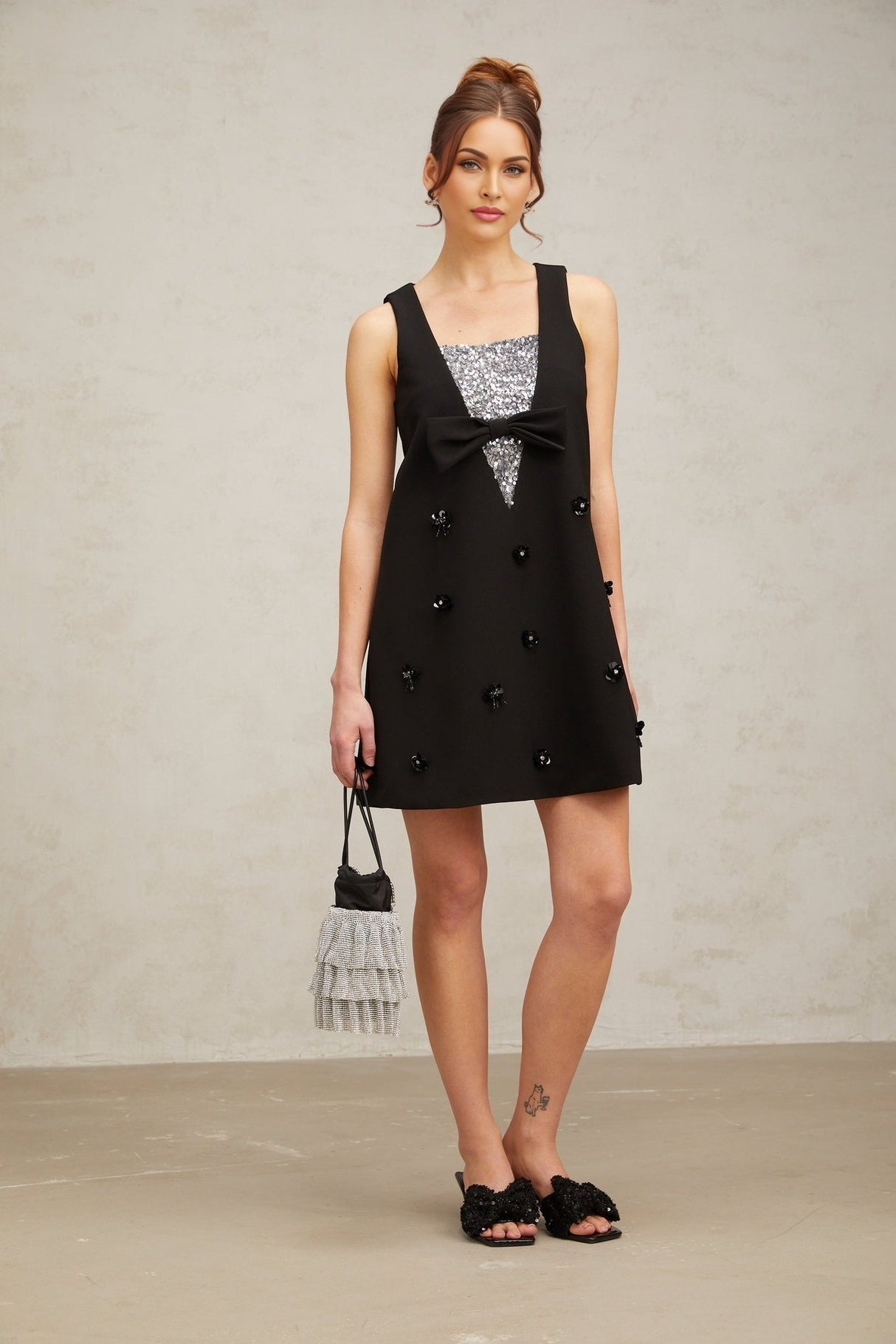 Paola Mini Dress Black Sequin Bow Flower ALine Silhouette