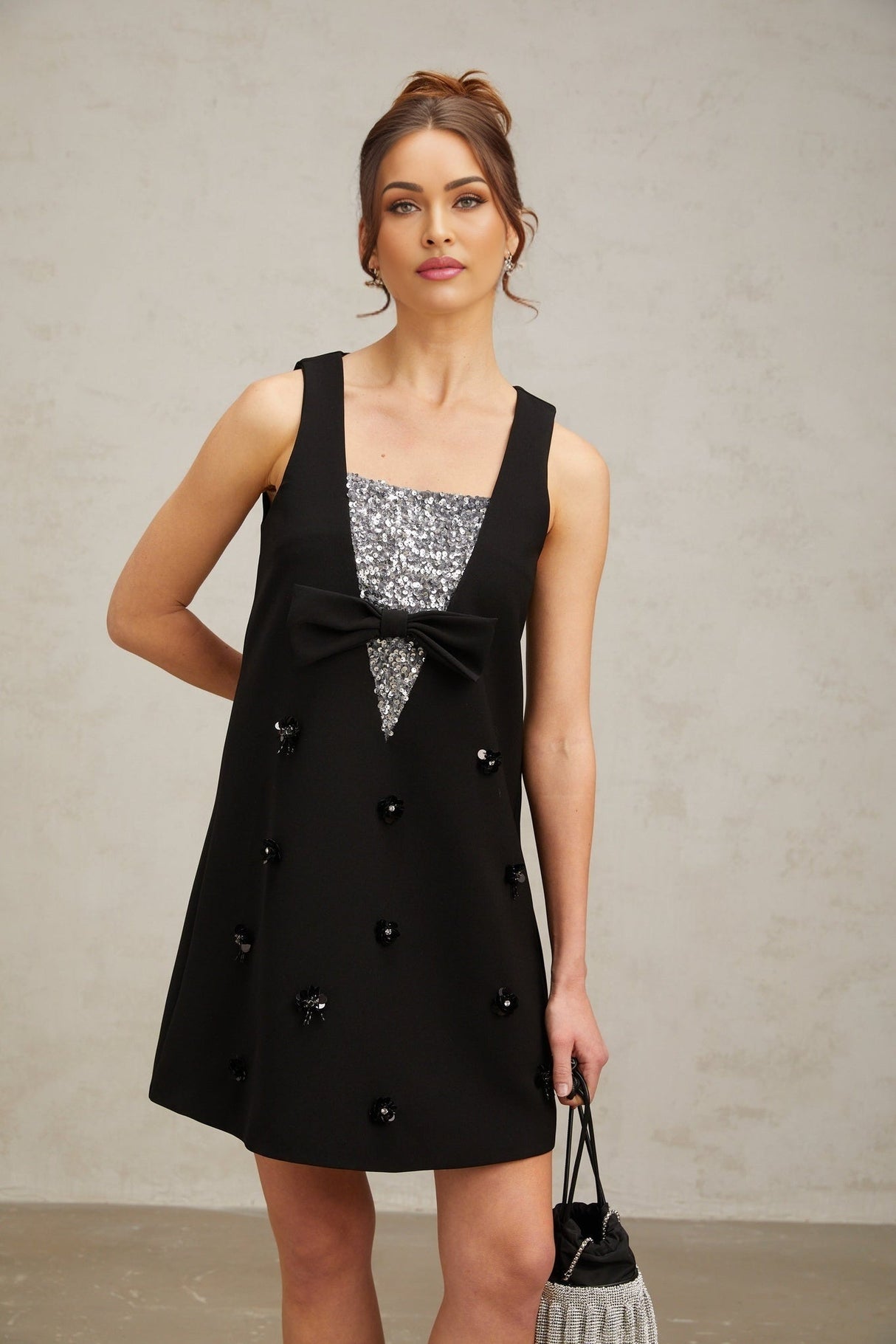 Paola Mini Dress Black Sequin Bow Flower ALine Silhouette