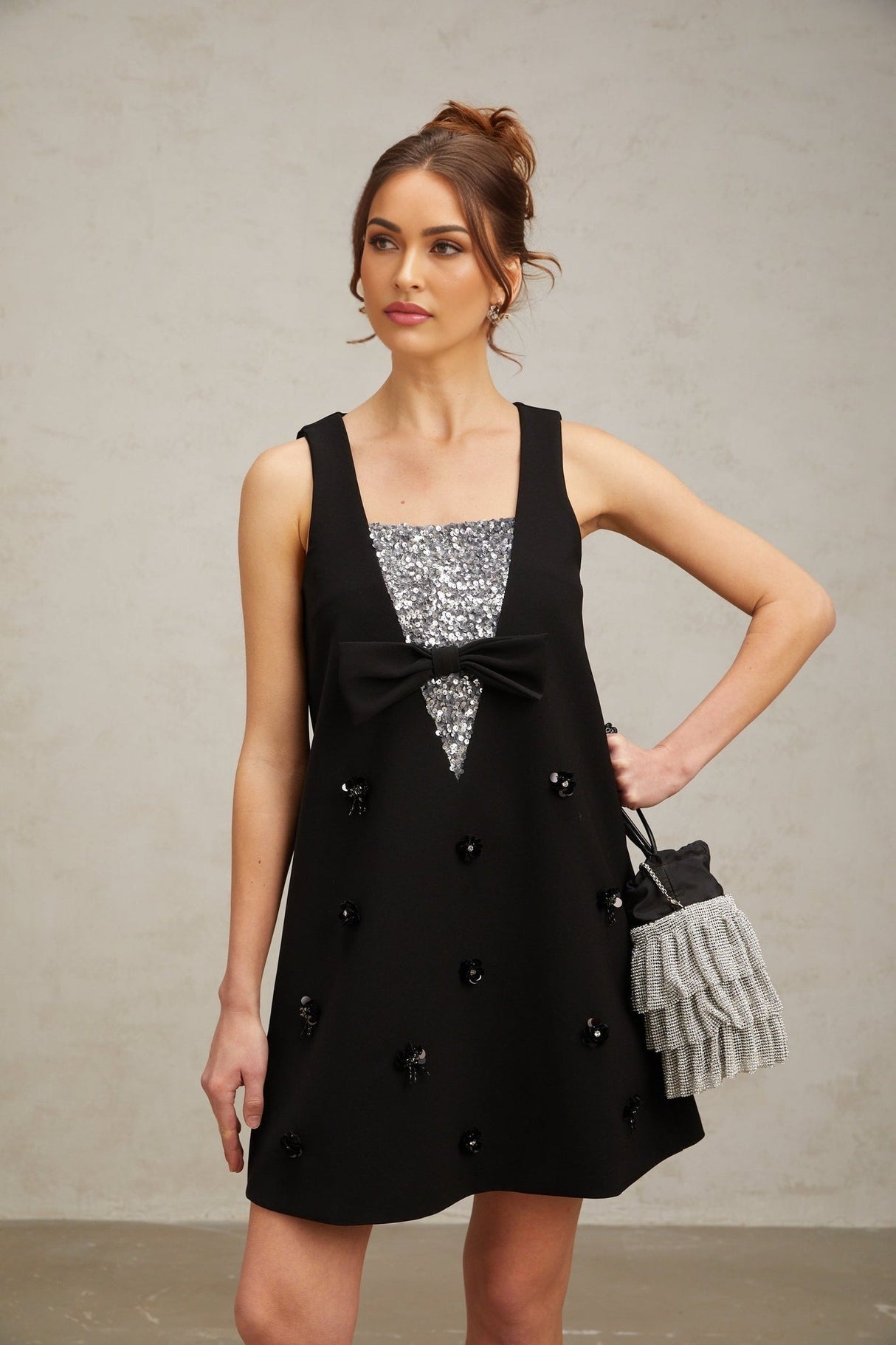 Paola Mini Dress Black Sequin Bow Flower ALine Silhouette