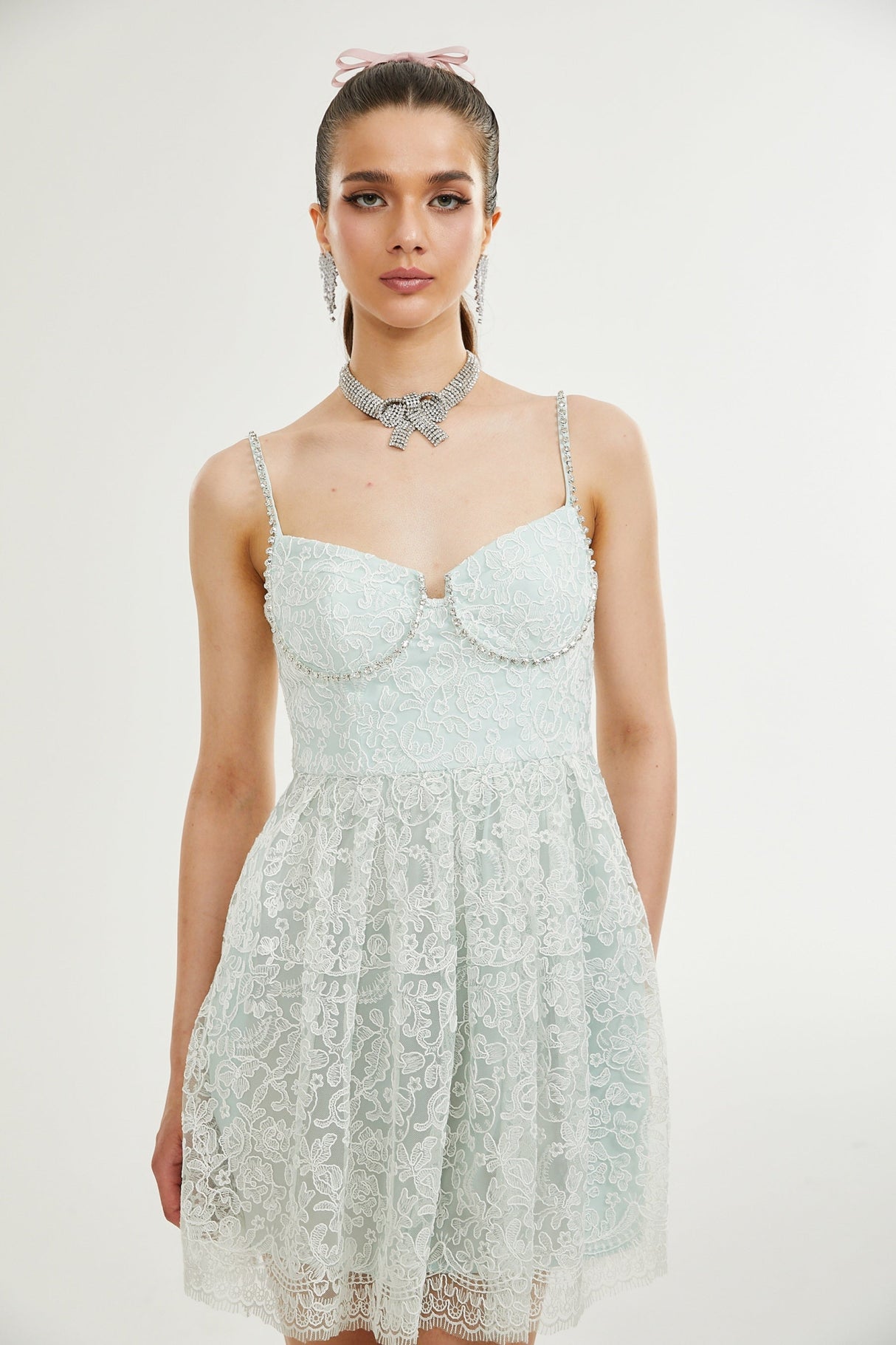 Paola Mini Dress Green Lace Crystal Pleat Embellished