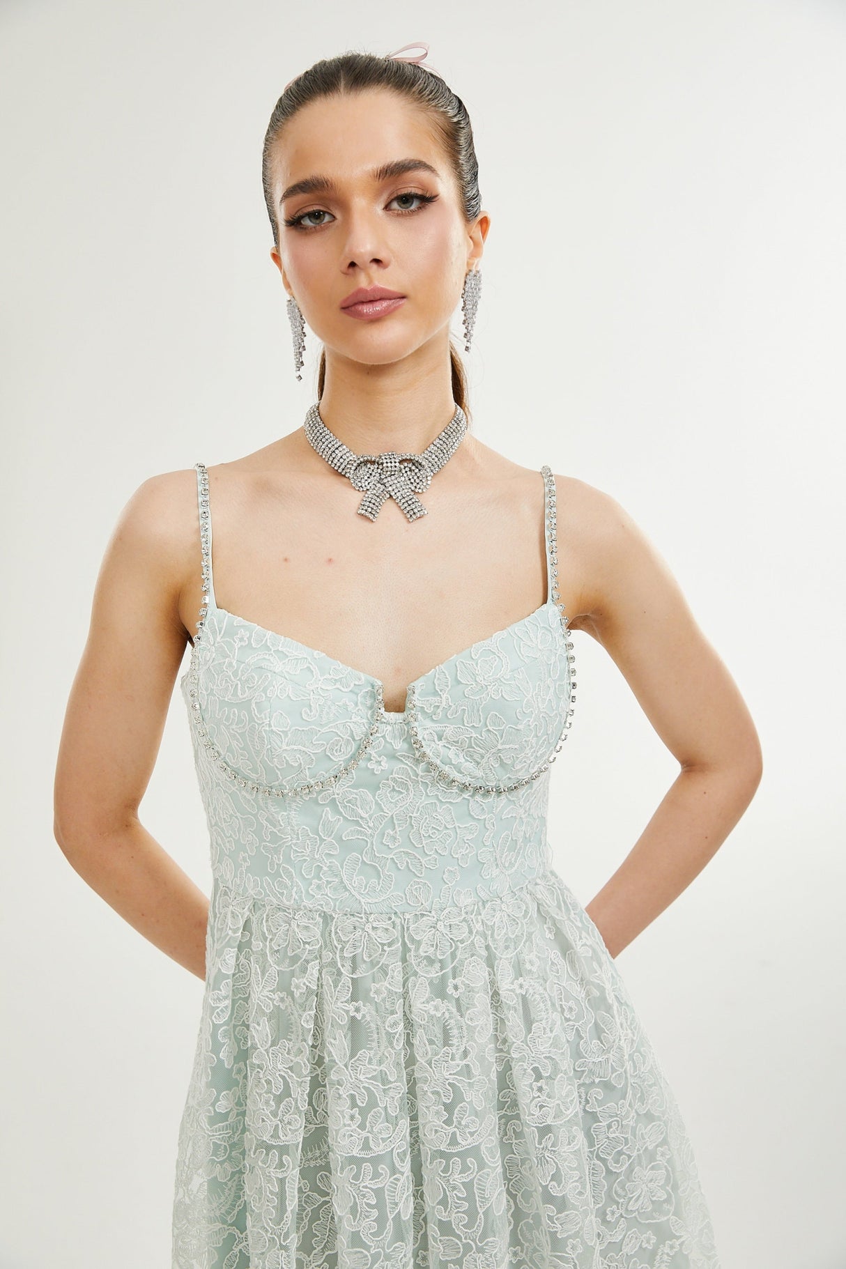 Paola Mini Dress Green Lace Crystal Pleat Embellished