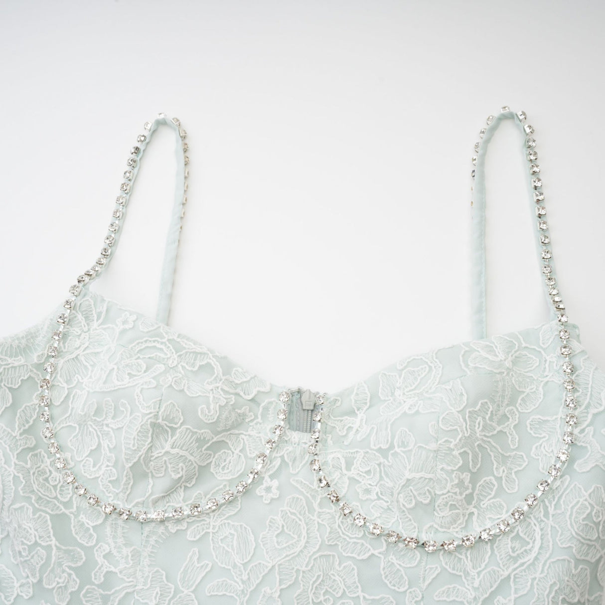 Paola Mini Dress Green Lace Crystal Pleat Embellished