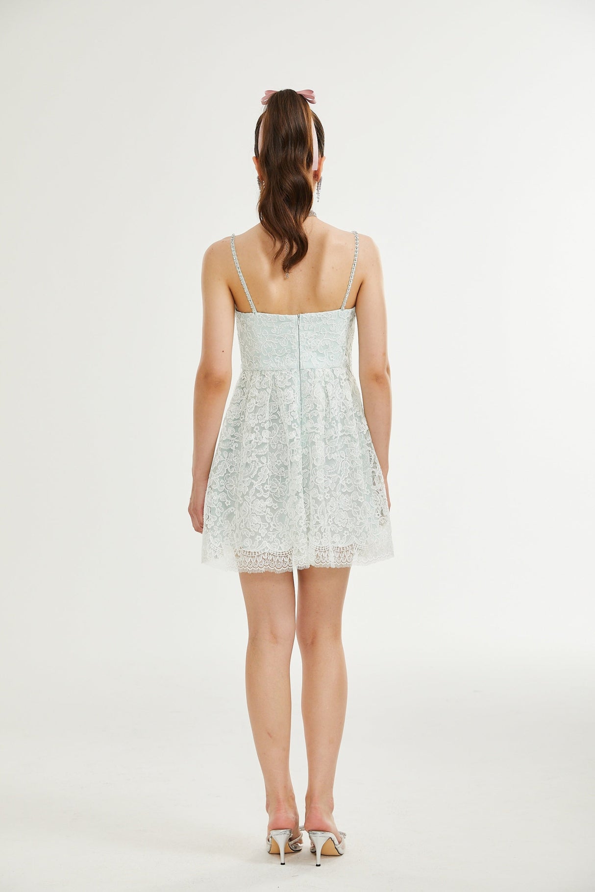 Paola Mini Dress Green Lace Crystal Pleat Embellished