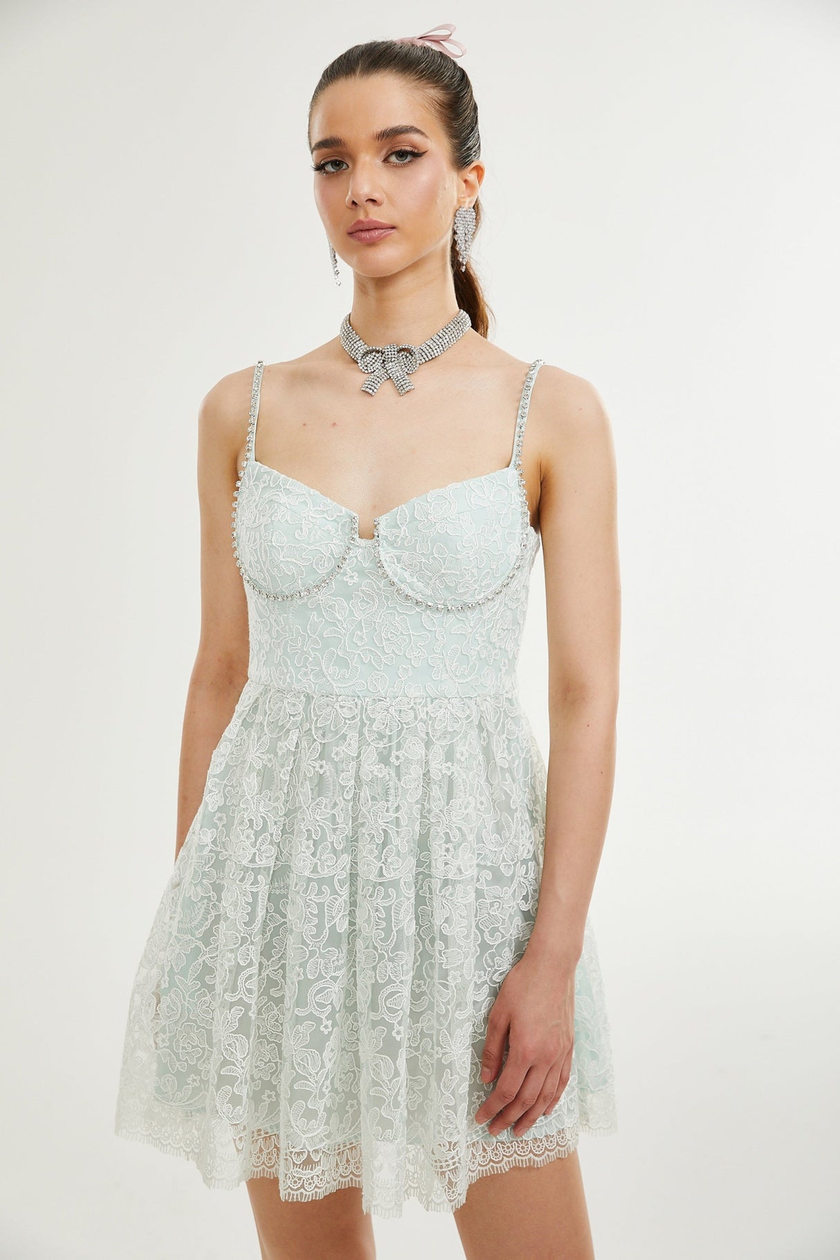 Paola Mini Dress Green Lace Crystal Pleat Embellished