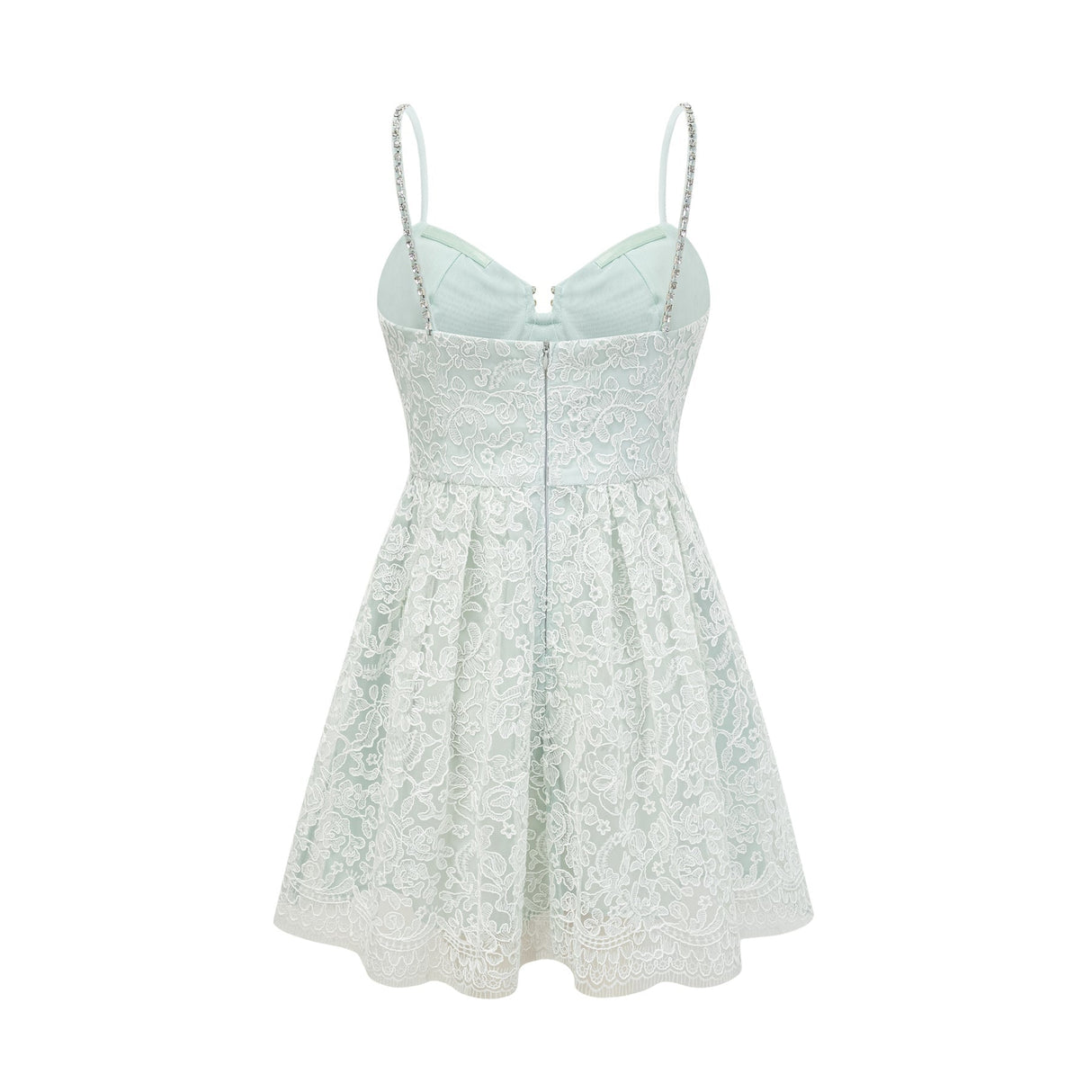 Paola Mini Dress Green Lace Crystal Pleat Embellished