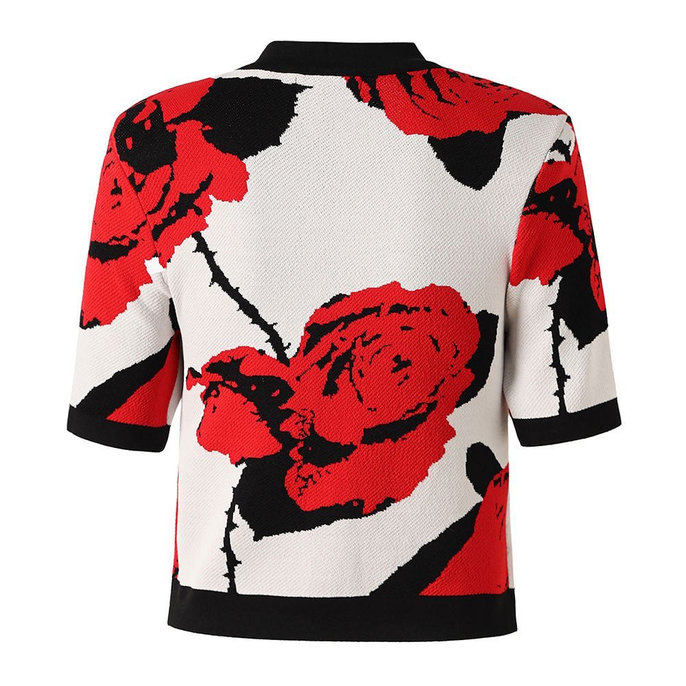 Paola Top – Short Sleeve Boxy Fit – Floral Pattern – Gold Button Detail – Decorative Pockets – Textured Knit Fabric – Casual Style