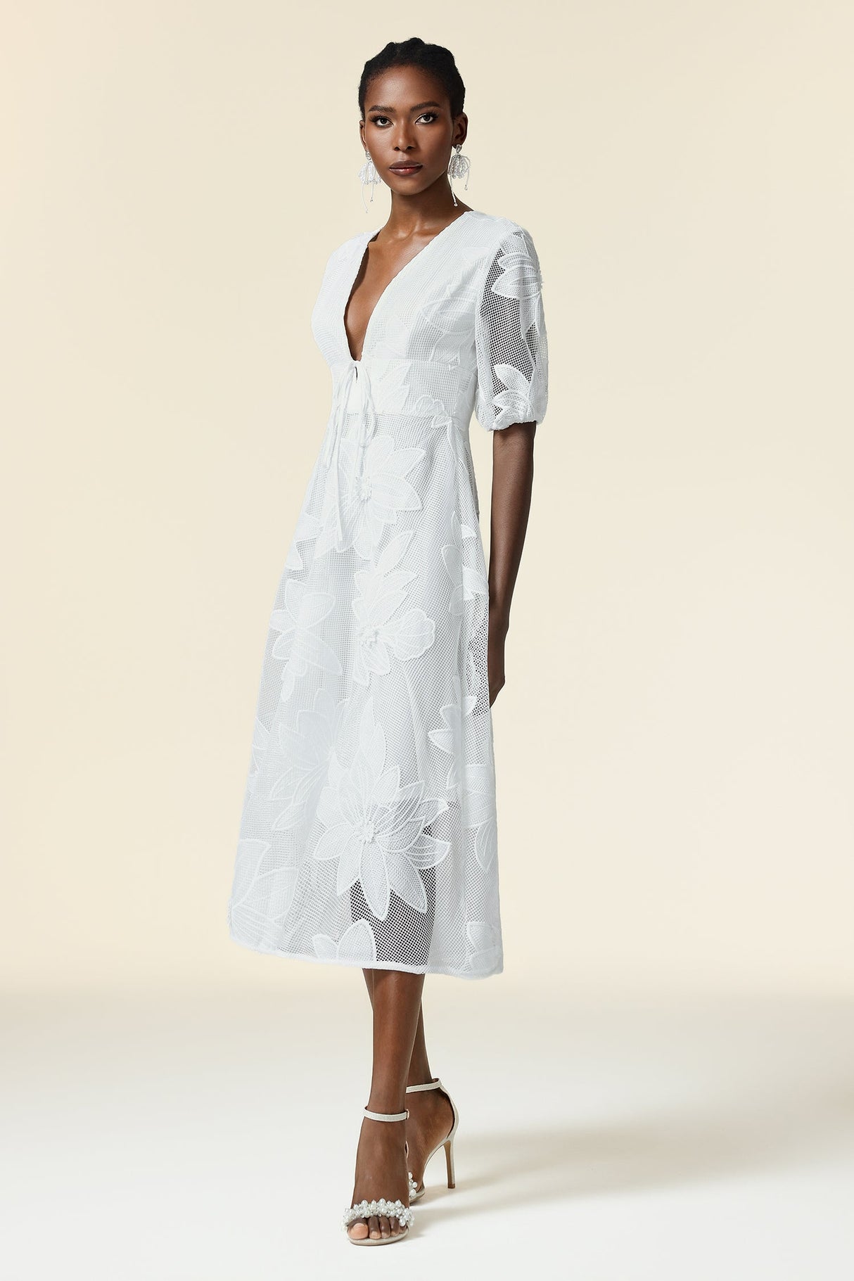 Paola White Lace Floral Dress with Puff Sleeves Deep-V Neckline Summer Garden Party Formal Evening Outfit