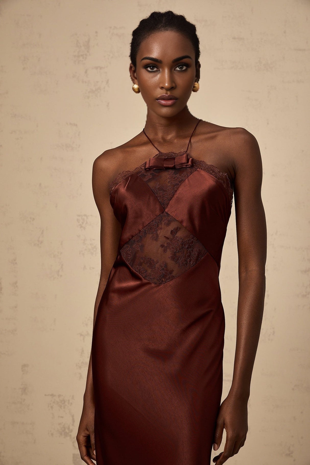 Paolina Maxi Dress in Bordeaux Red with Lace Panelling
