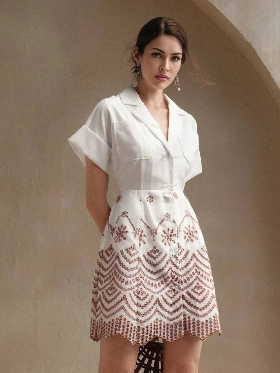 Paolina Midi Dress - Collared Neckline - Batwing Sleeves - High Waist - Geometric Pattern - Casual Style