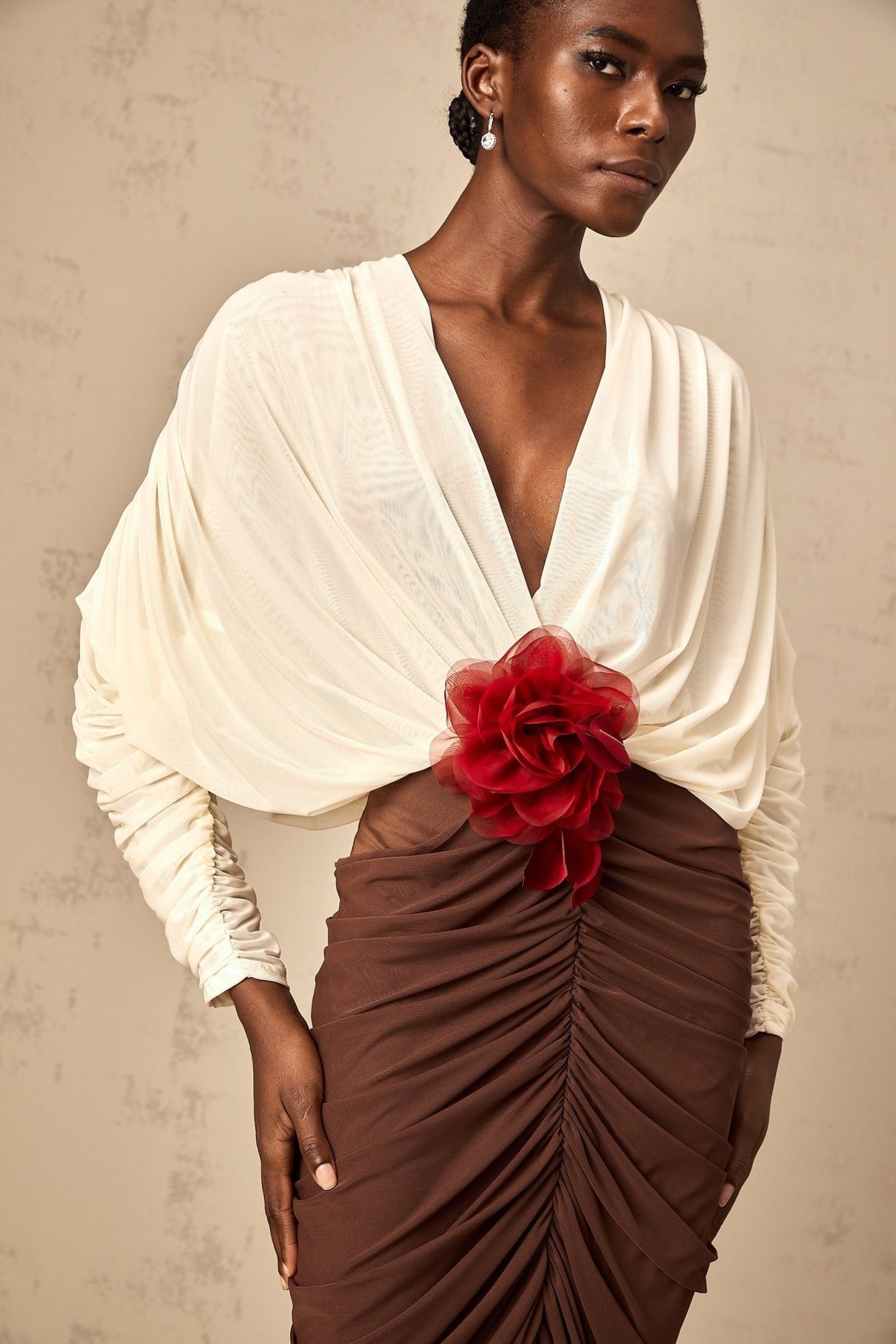 Paolina Midi Dress Color Block Flower Brooch Ruched & Plunging VNeck