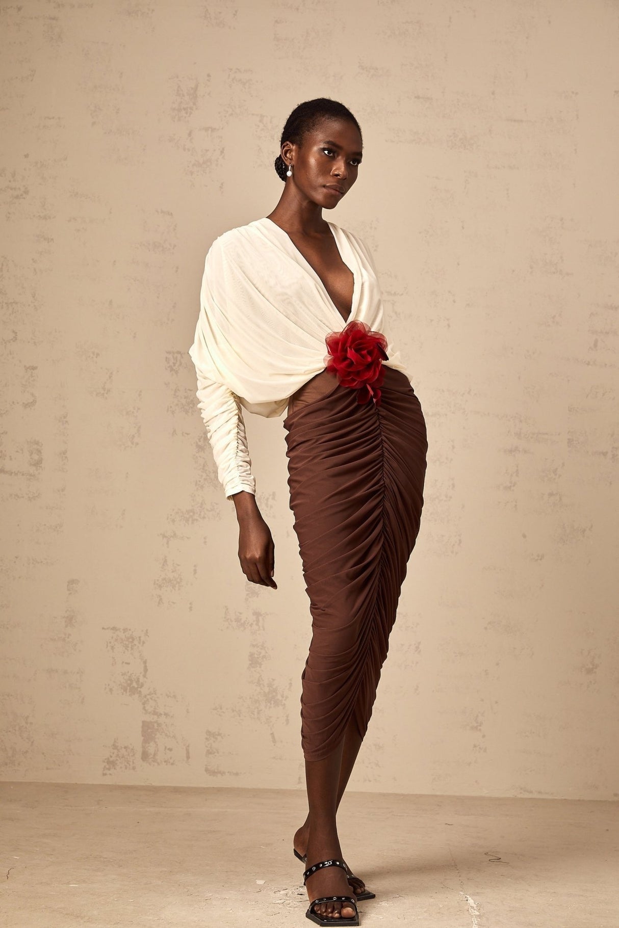 Paolina Midi Dress Color Block Flower Brooch Ruched & Plunging VNeck