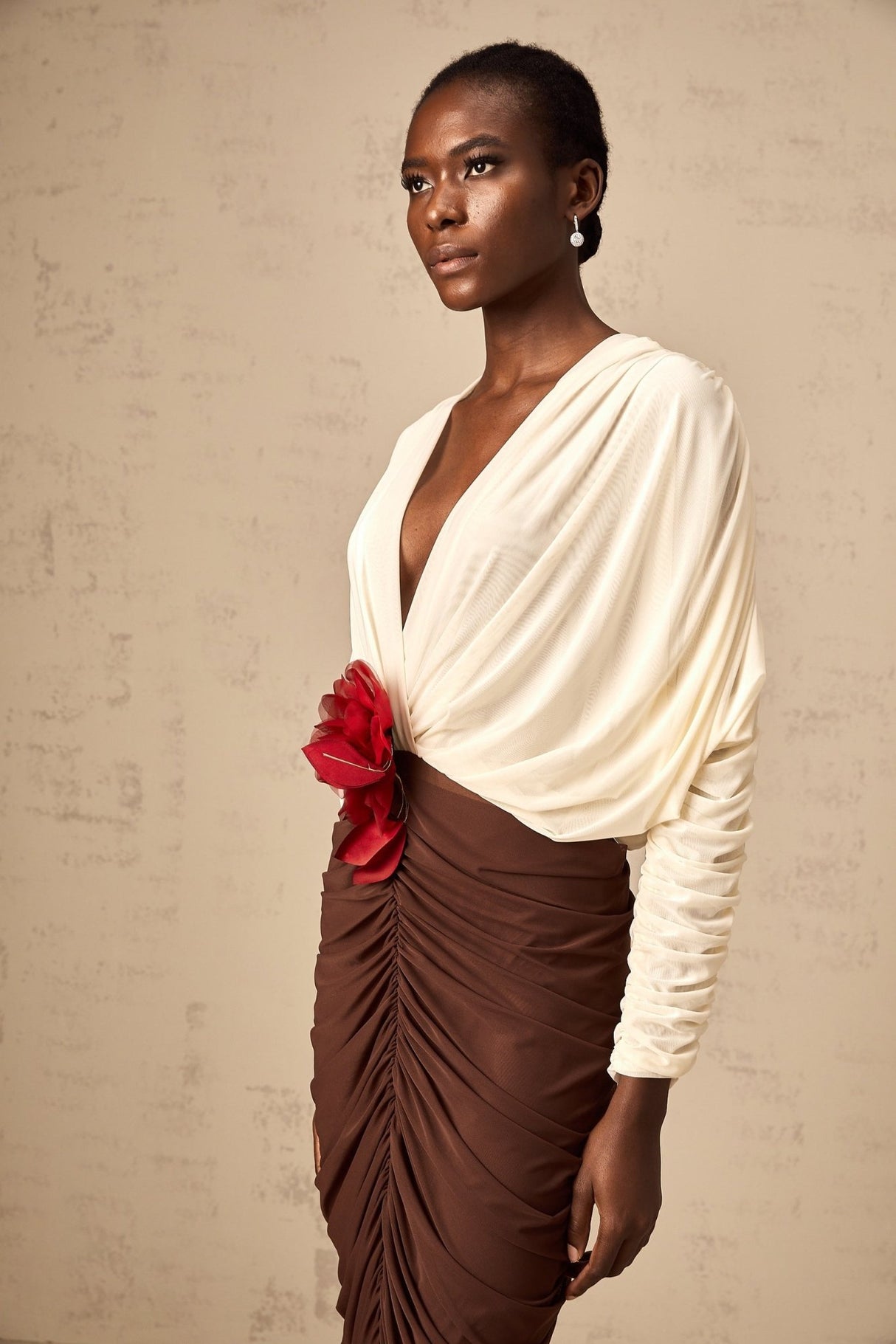 Paolina Midi Dress Color Block Flower Brooch Ruched & Plunging VNeck