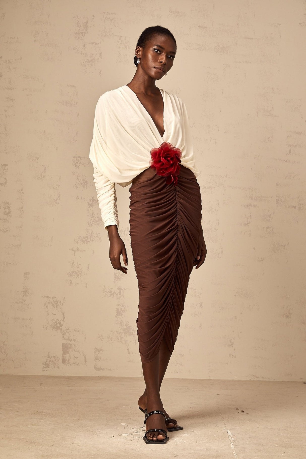 Paolina Midi Dress Color Block Flower Brooch Ruched & Plunging VNeck