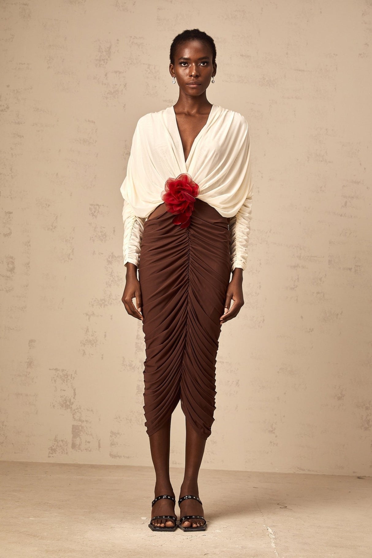 Paolina Midi Dress Color Block Flower Brooch Ruched & Plunging VNeck