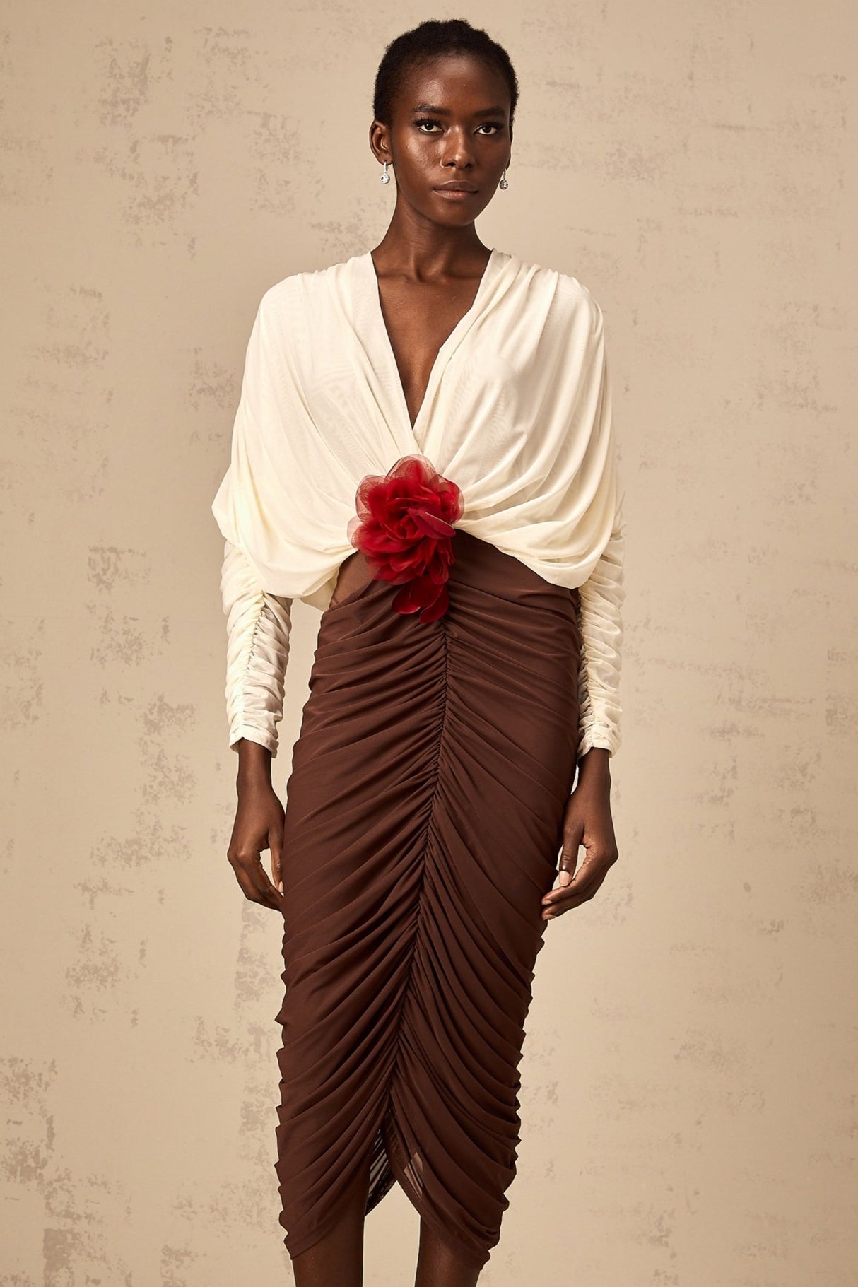 Paolina Midi Dress Color Block Flower Brooch Ruched & Plunging VNeck