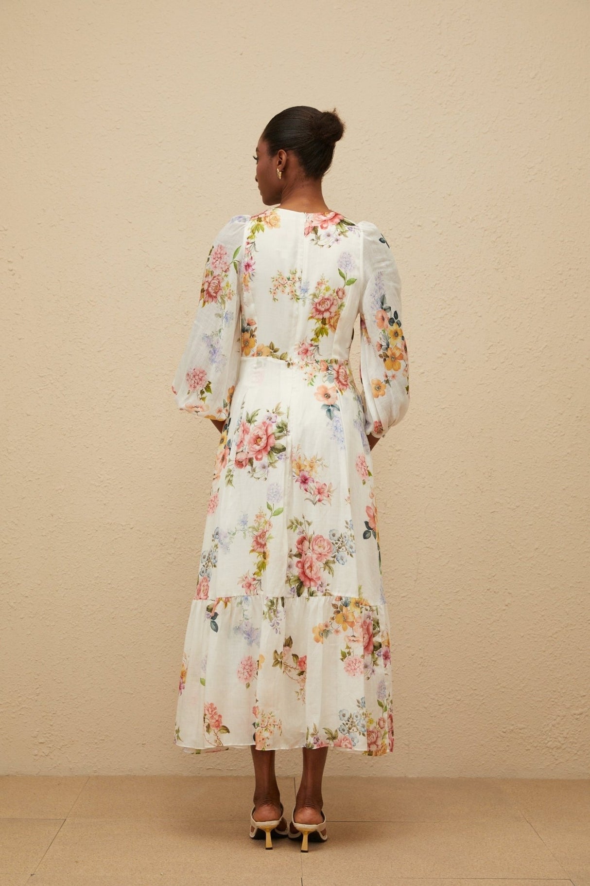 Paolina Midi Dress - V - Neck - Long Puff Sleeves - Fitted Waistline - Floral Print - Shirred Effect