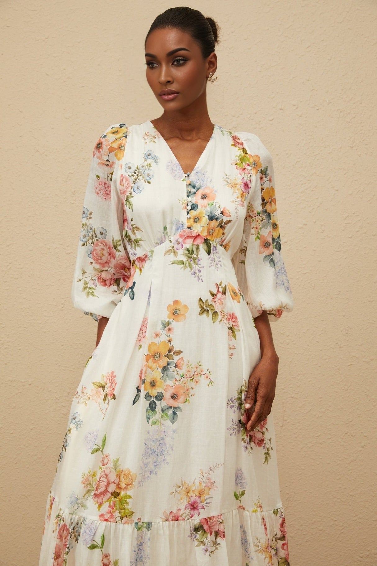 Paolina Midi Dress - V - Neck - Long Puff Sleeves - Fitted Waistline - Floral Print - Shirred Effect