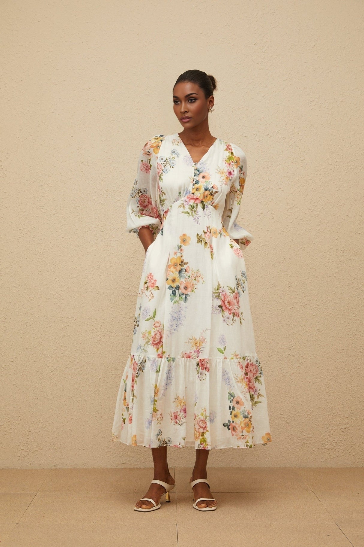Paolina Midi Dress - V - Neck - Long Puff Sleeves - Fitted Waistline - Floral Print - Shirred Effect