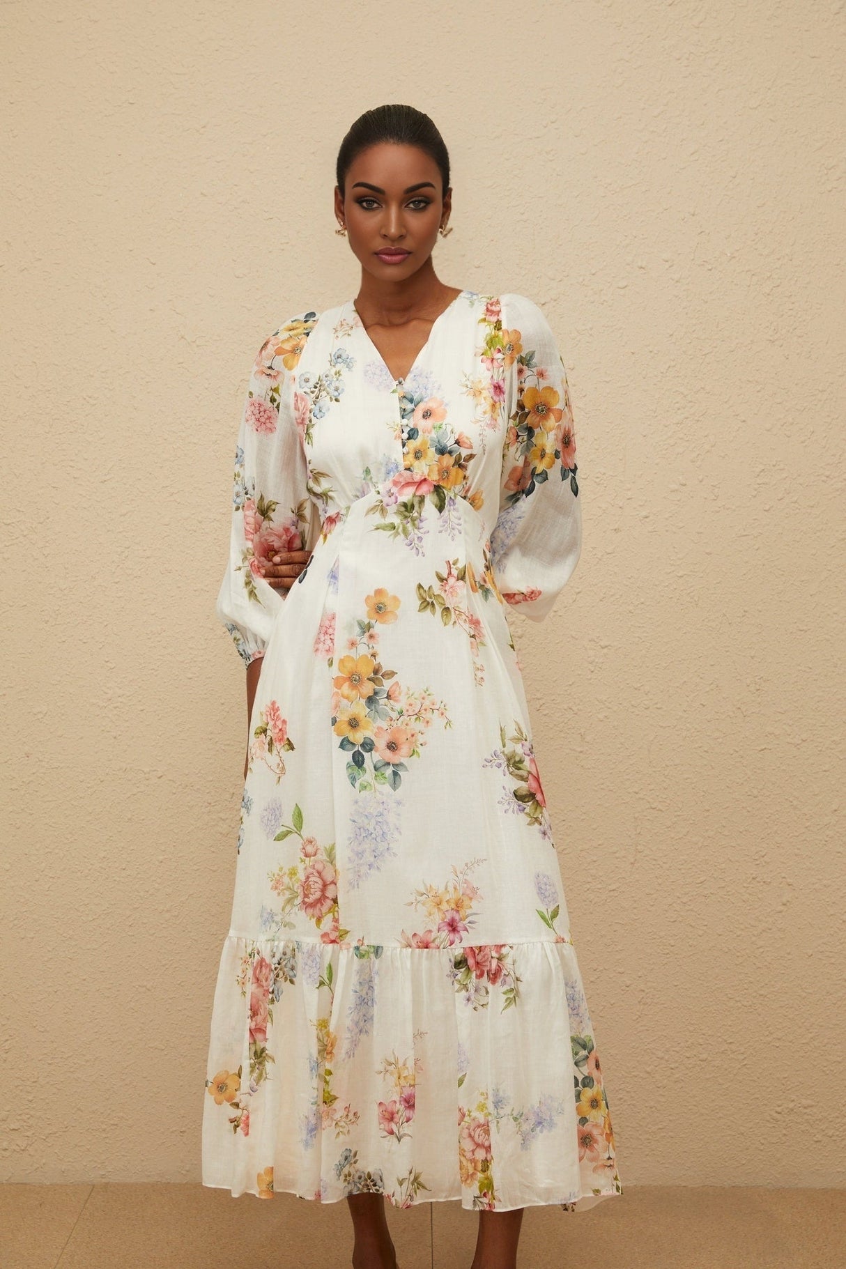 Paolina Midi Dress - V - Neck - Long Puff Sleeves - Fitted Waistline - Floral Print - Shirred Effect
