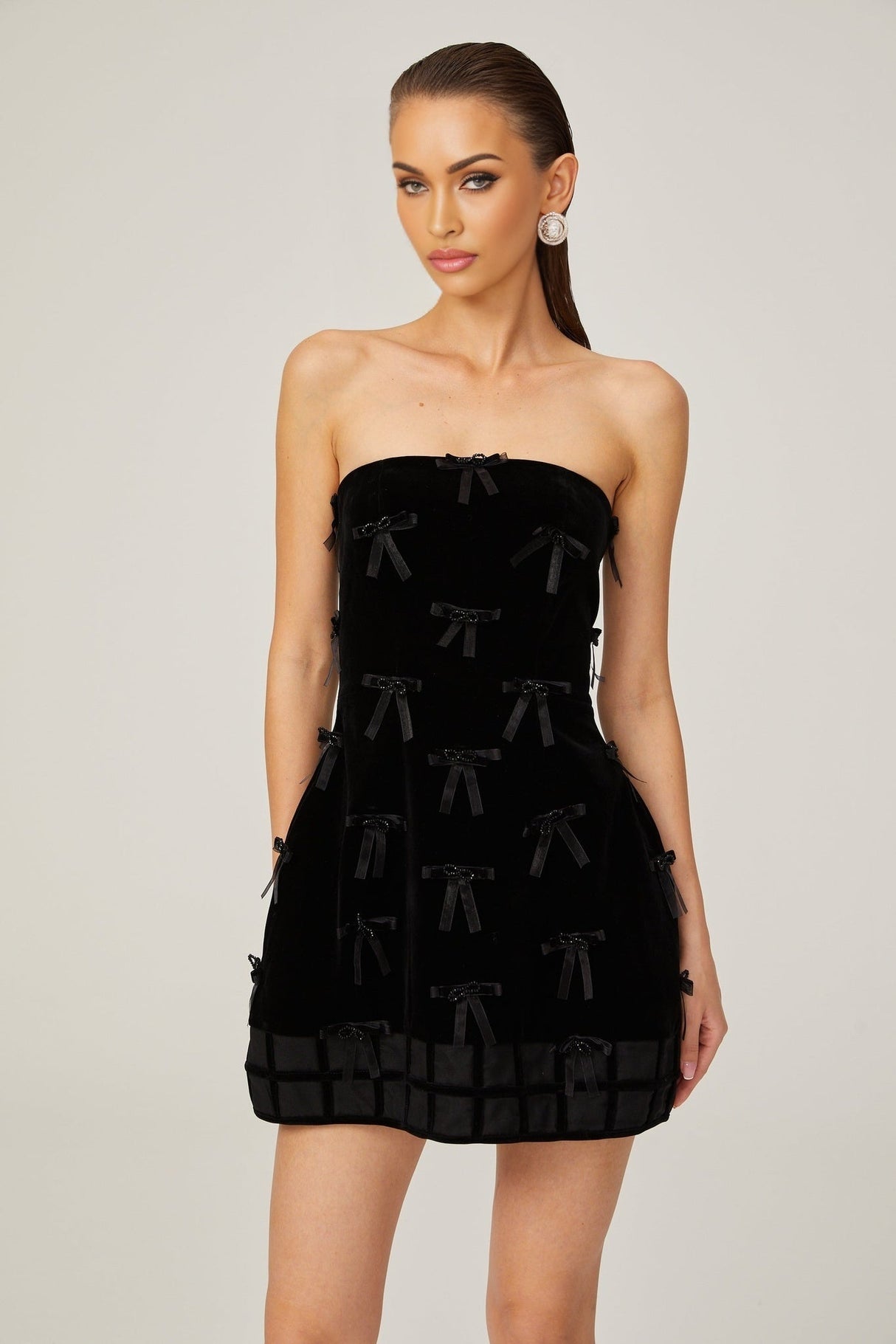 Paolina Mini Dress Black Bow Off The Shoulder ALine Flare