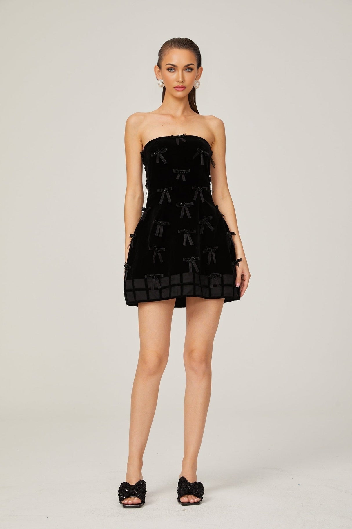 Paolina Mini Dress Black Bow Off The Shoulder ALine Flare