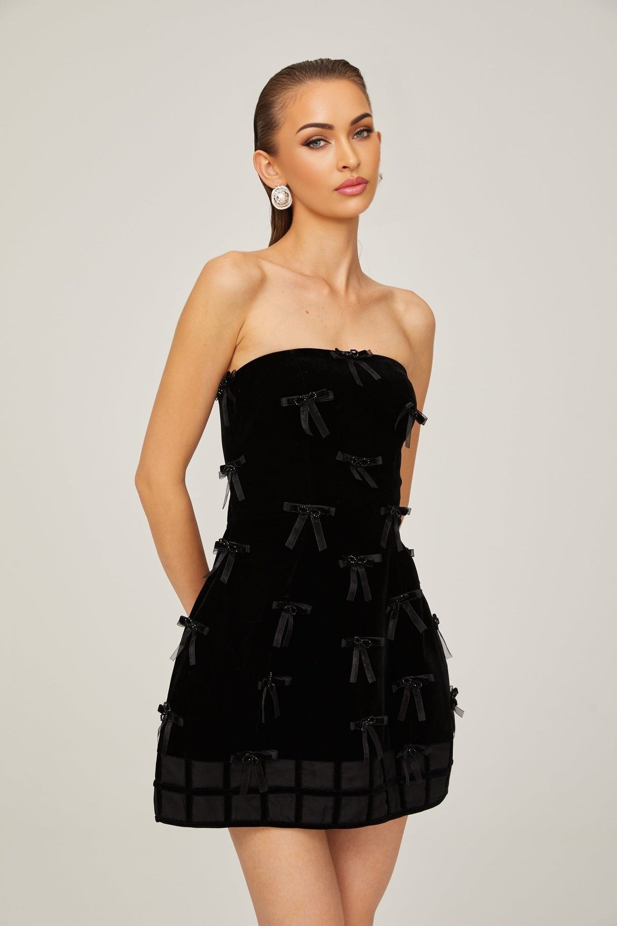 Paolina Mini Dress Black Bow Off The Shoulder ALine Flare