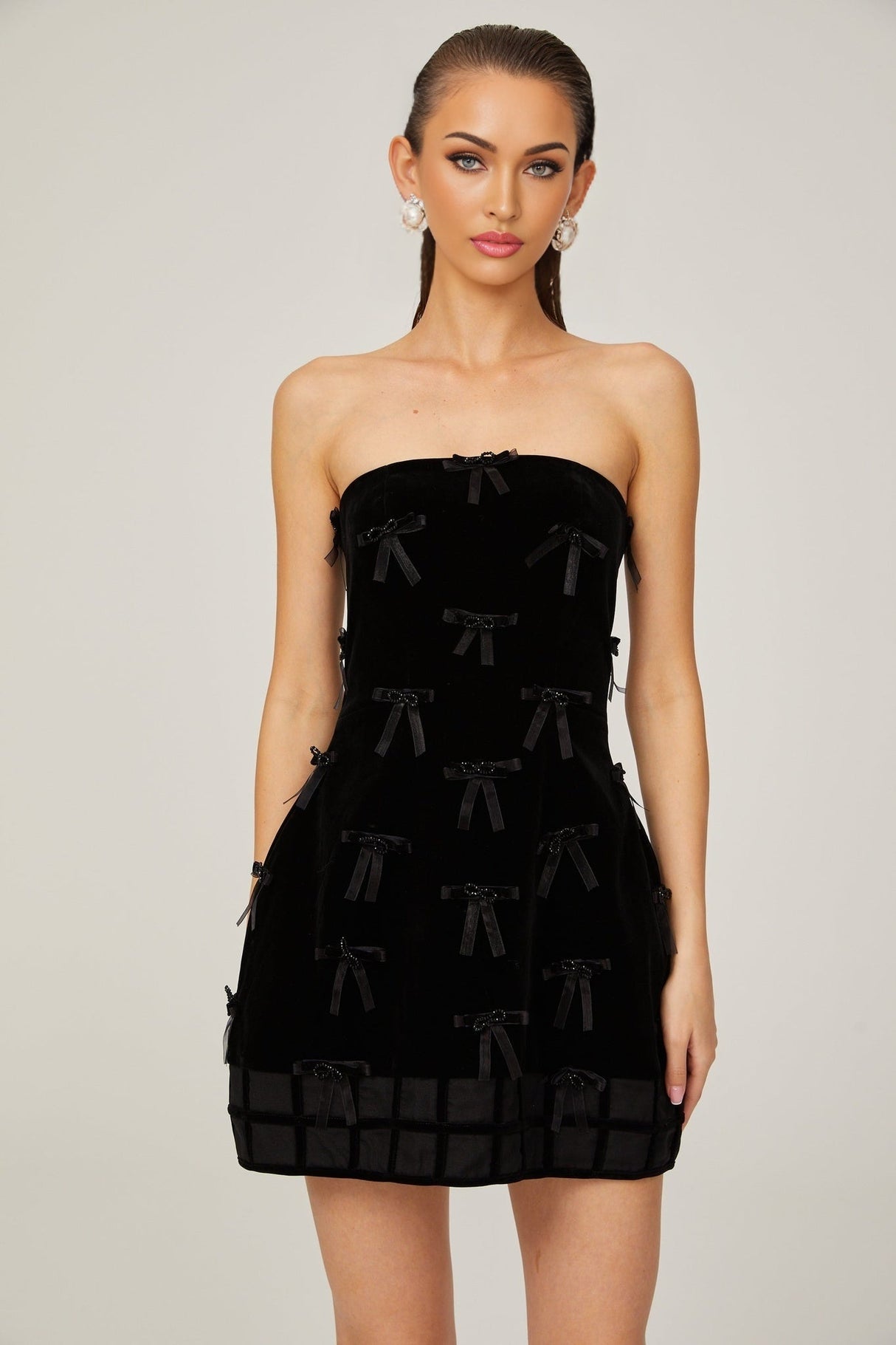 Paolina Mini Dress Black Bow Off The Shoulder ALine Flare