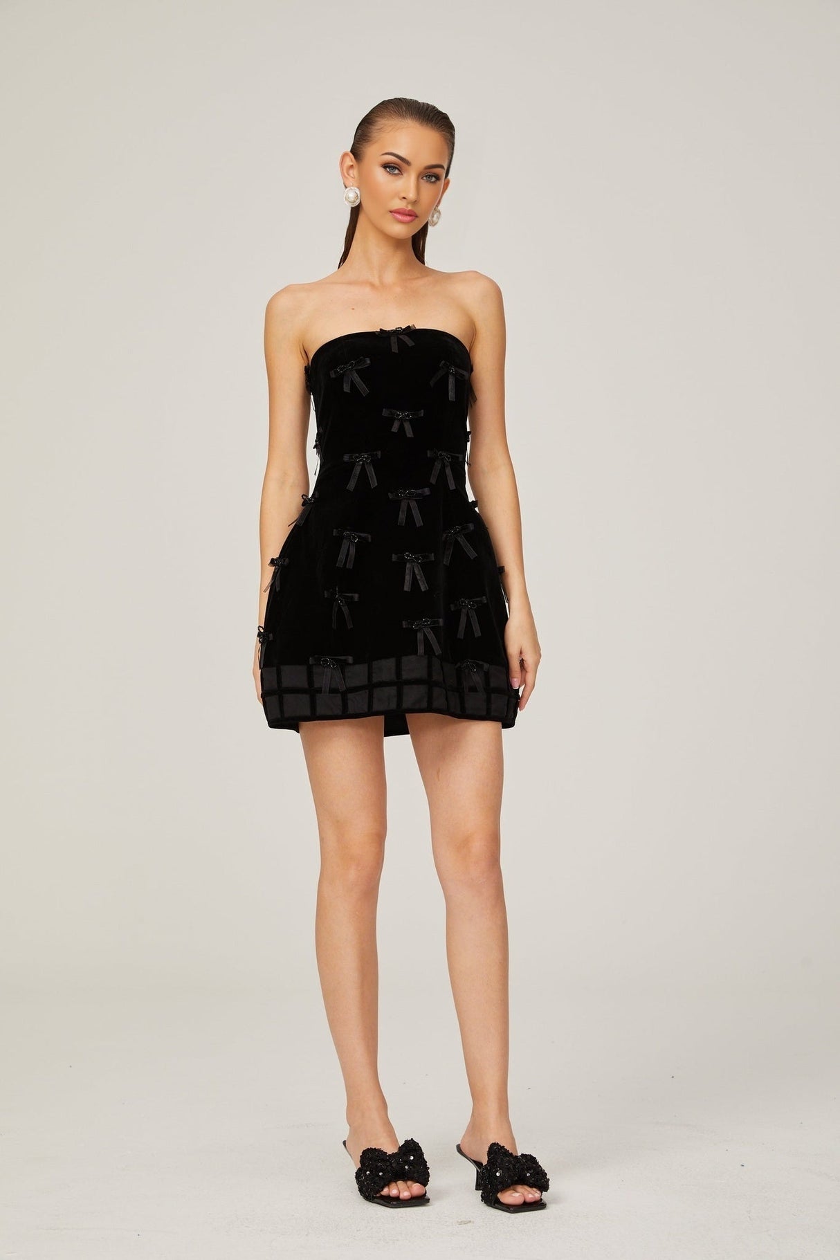 Paolina Mini Dress Black Bow Off The Shoulder ALine Flare