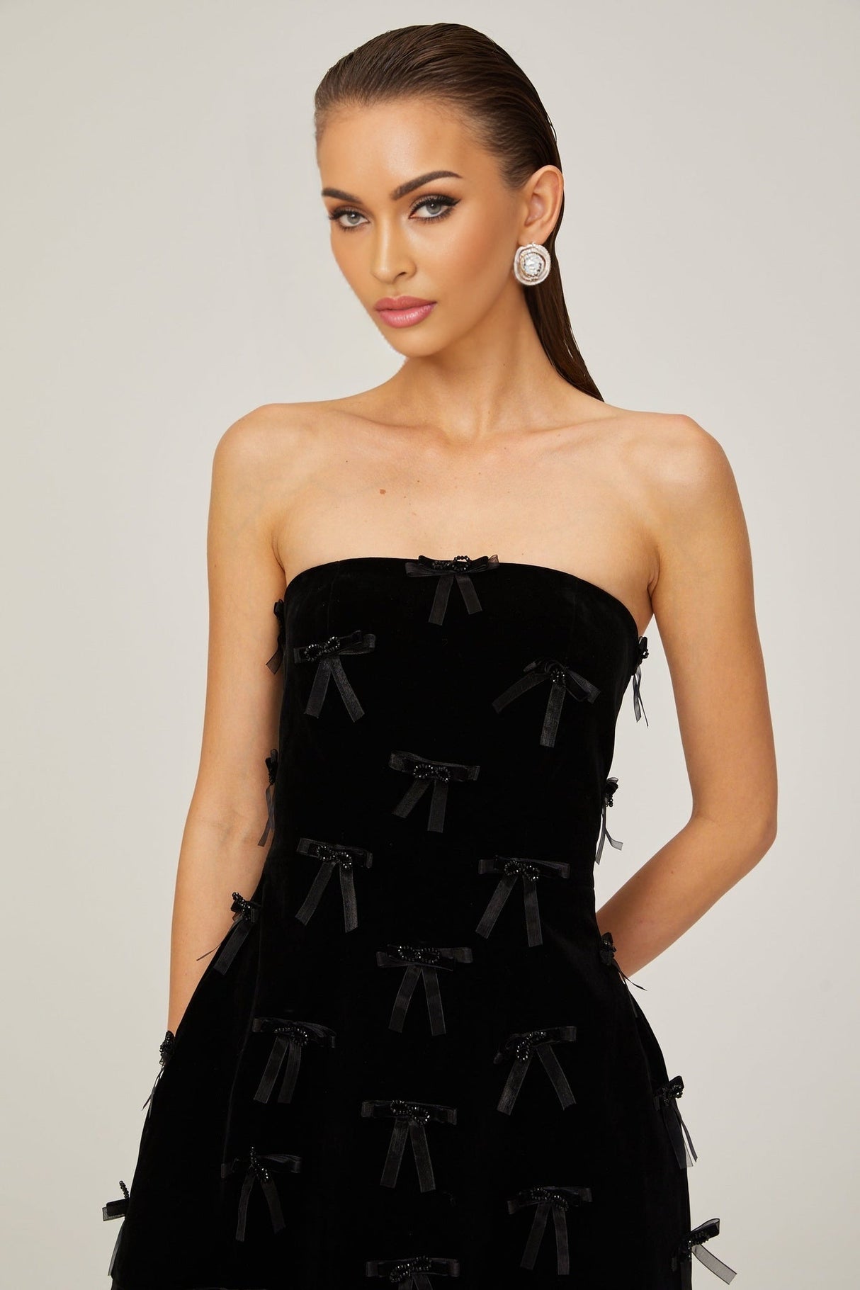 Paolina Mini Dress Black Bow Off The Shoulder ALine Flare