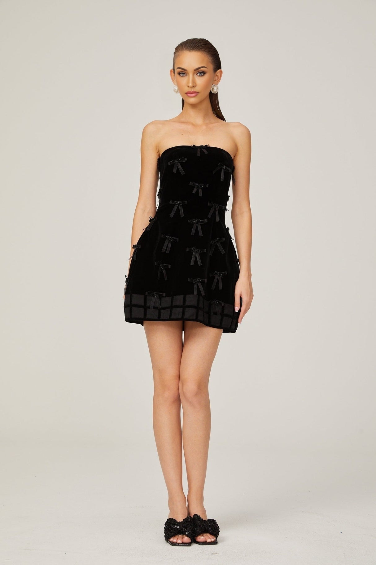 Paolina Mini Dress Black Bow Off The Shoulder ALine Flare
