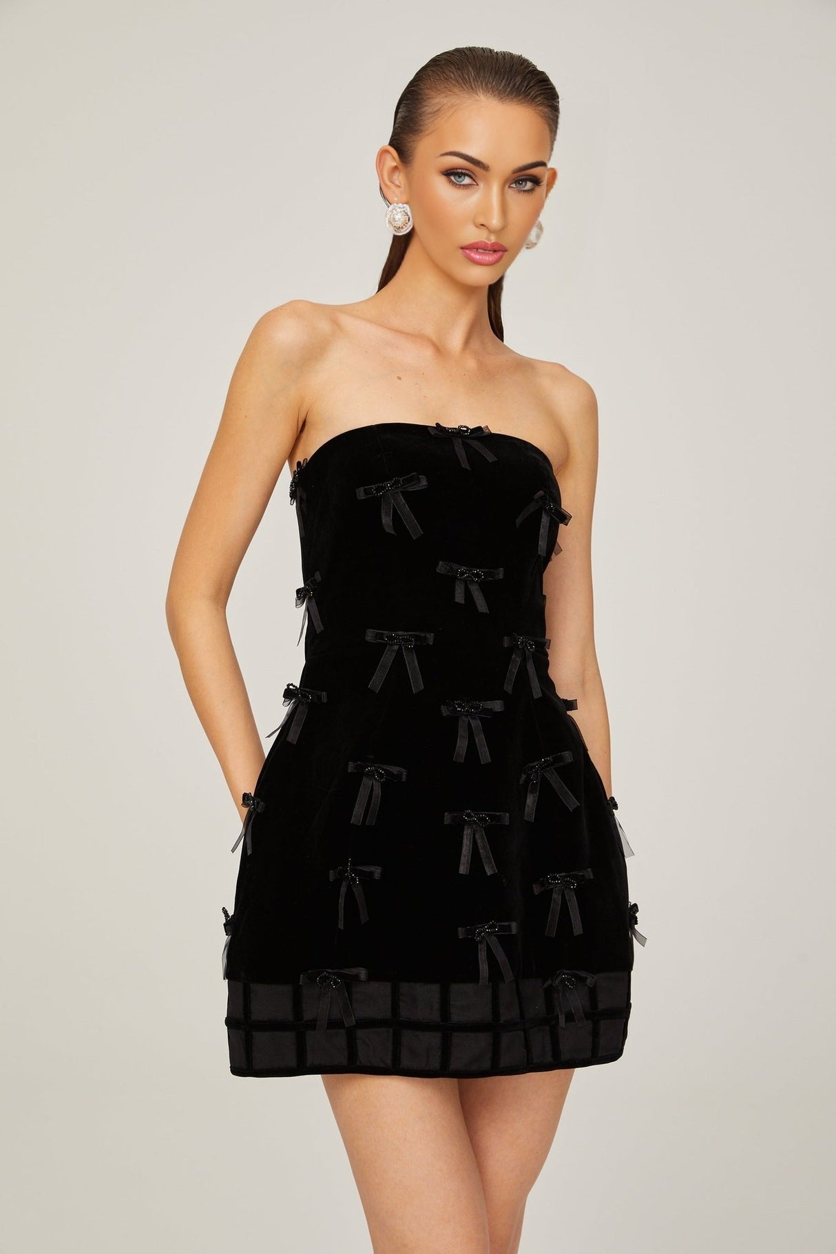 Paolina Mini Dress Black Bow Off The Shoulder ALine Flare