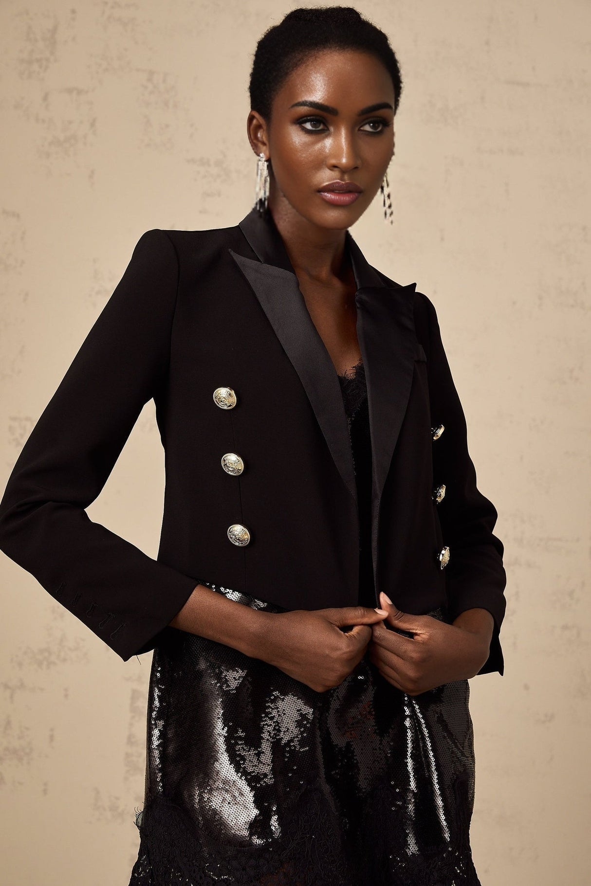 Paris Blazer with Gold Tone Buttons & Cropped Hem