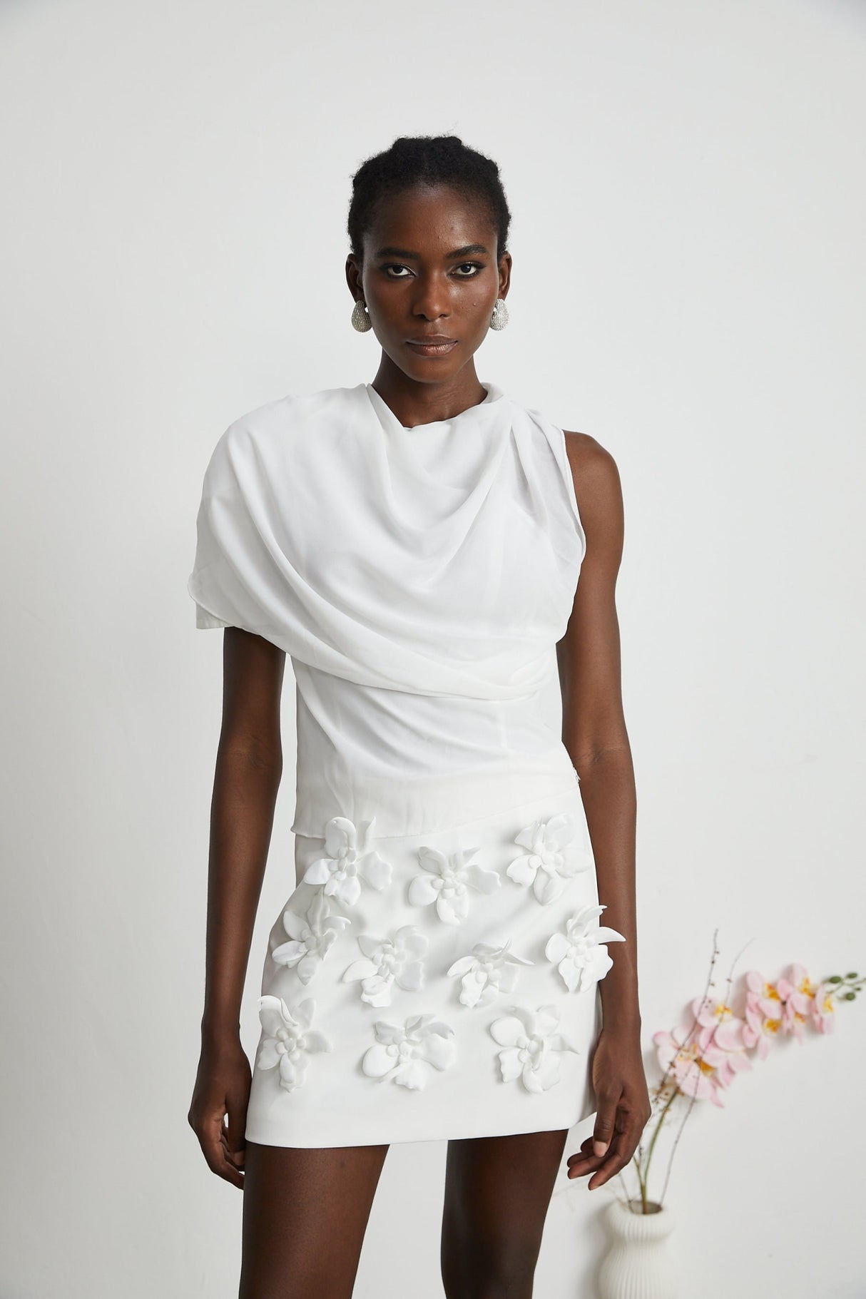 Paris Blouse Paris Chiffon One Shoulder White Asymmetric Hem Blouse