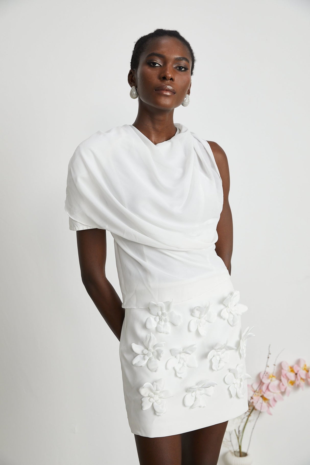 Paris Blouse Paris Chiffon One Shoulder White Asymmetric Hem Blouse